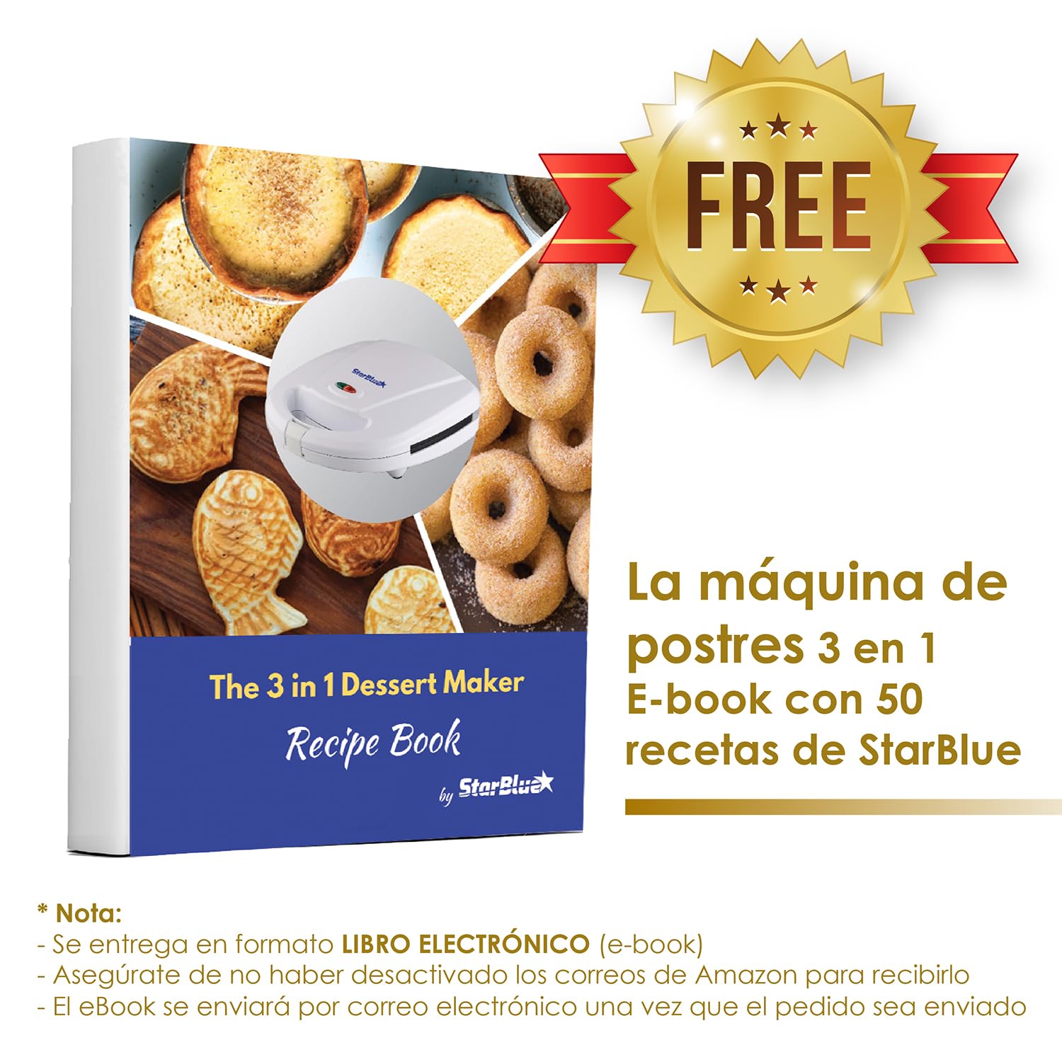 StarBlue - Máquina para hacer minidonas, minitartas y quiches, perfecta para cocinar taiyakis y postres, con 3 placas desmontables, blanco, CA 220-240 V, 50/60 Hz y 700-800 W
