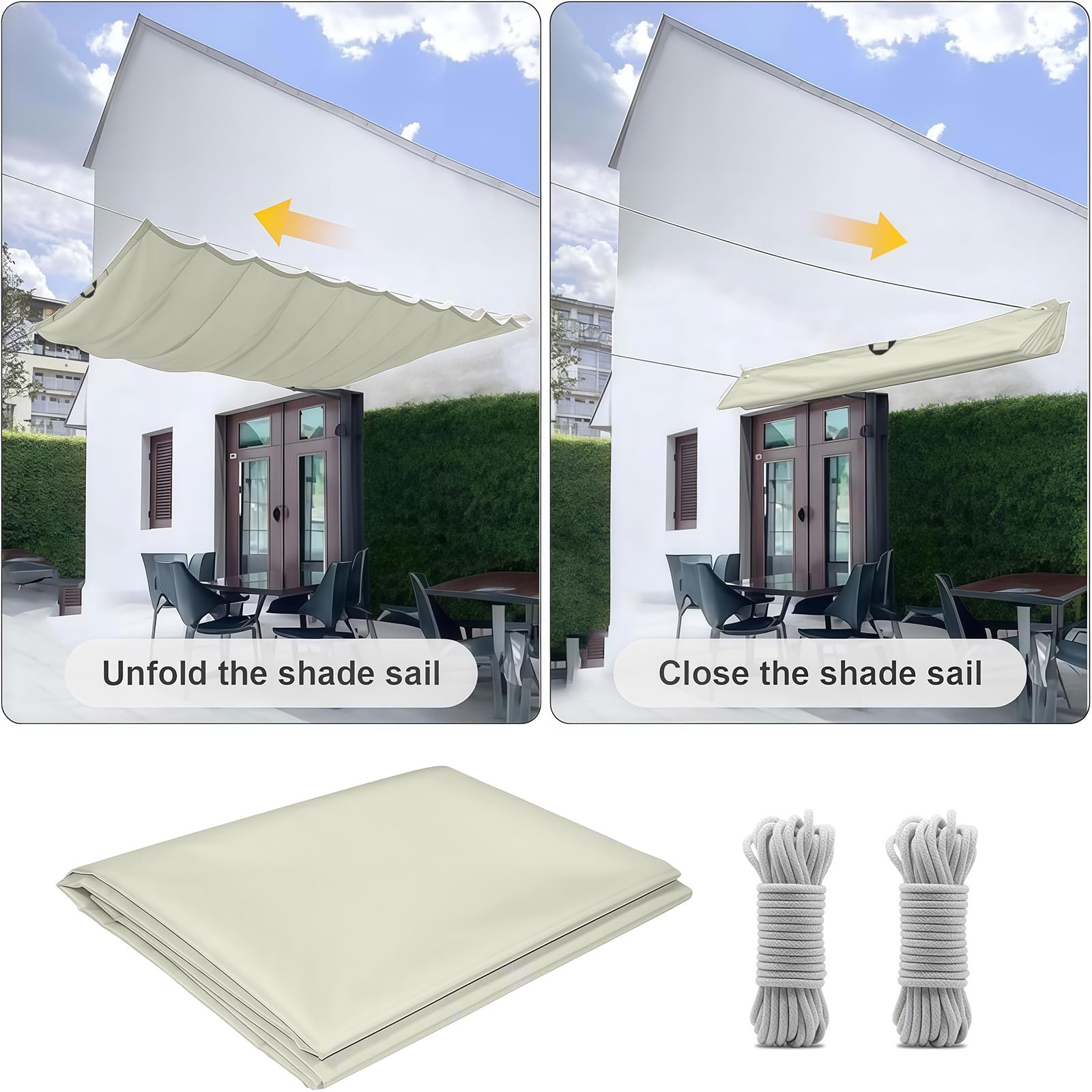 Wellenmarkise 1 x 6 m Wasserdicht, 98% Uv-Schutz, Sonnenschutz, PES Reißfest, Nach Maß, Verstellbar Welle Schattenabdeckung mit Zugseil & Ösen für Garten Terrasse, cremefarben
