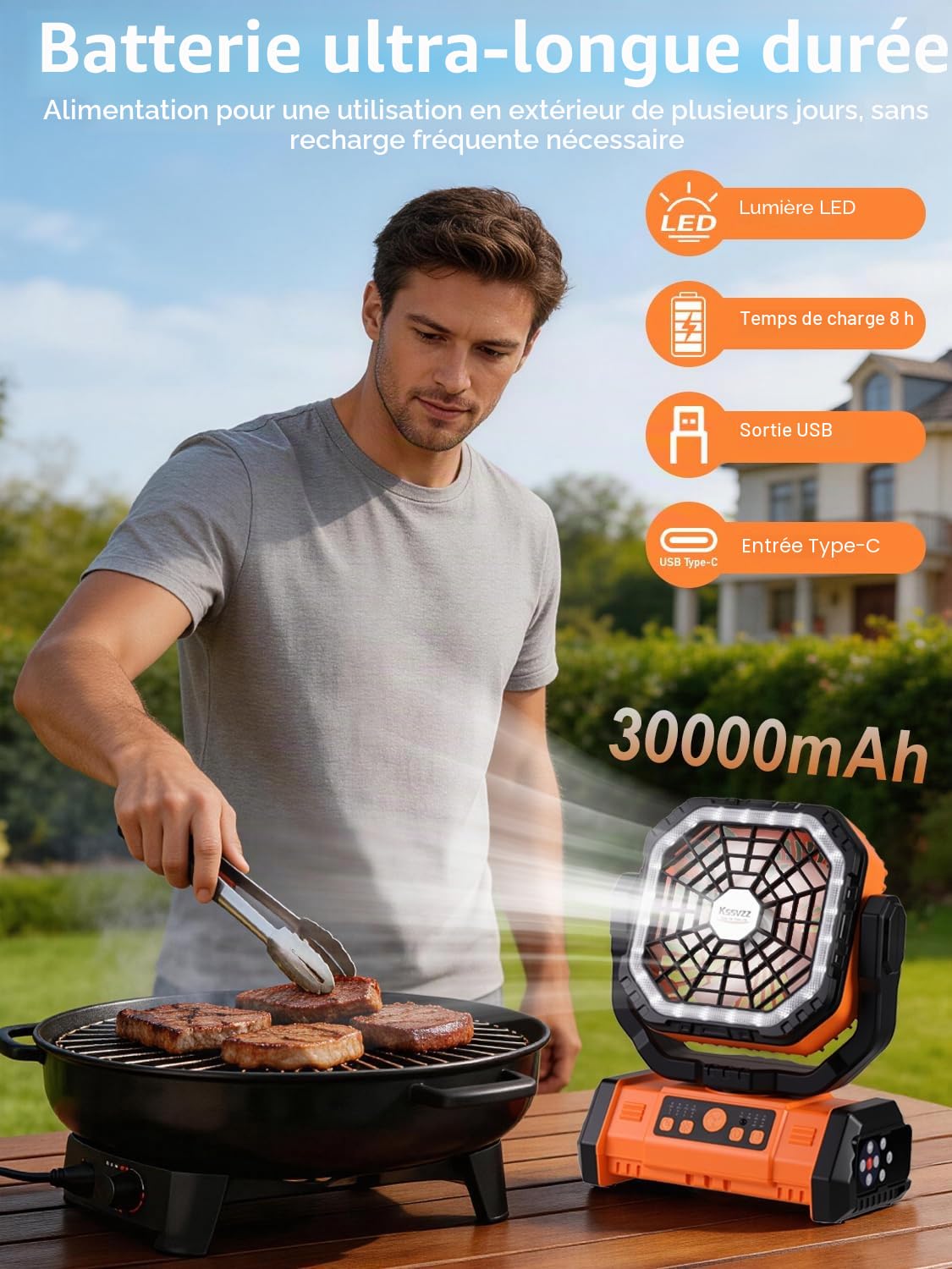 Kssvzz Ventilateur Camping 30000 mAh avec LED, Ventilateur Portable Rechargeable à 4 Vitesses avec Télécommande et Crochet, Ventilateur de Table USB avec Minuterie, Idéal pour Voyages,Barbecue, Pêche