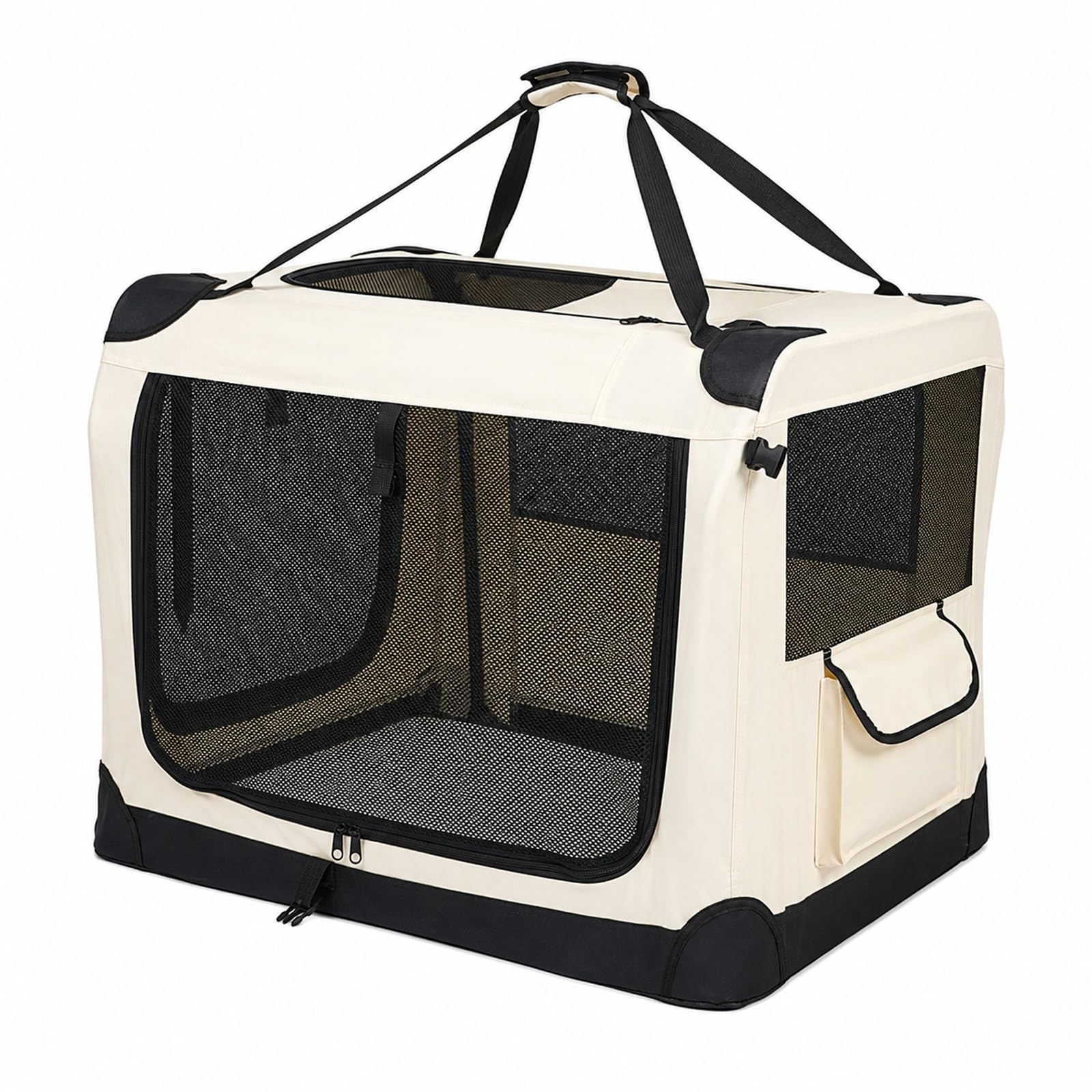 GOOGO Foldable Pet Carrier Bag for Cats & Dogs up to 12 kg, 60 x 42 x 42 cm, Soft Dog Travel Crate with Cushion, Oxford Fabric Steel Frame, 4-Side Mesh, Dog Car Carrier for Home, Camping (Beige)