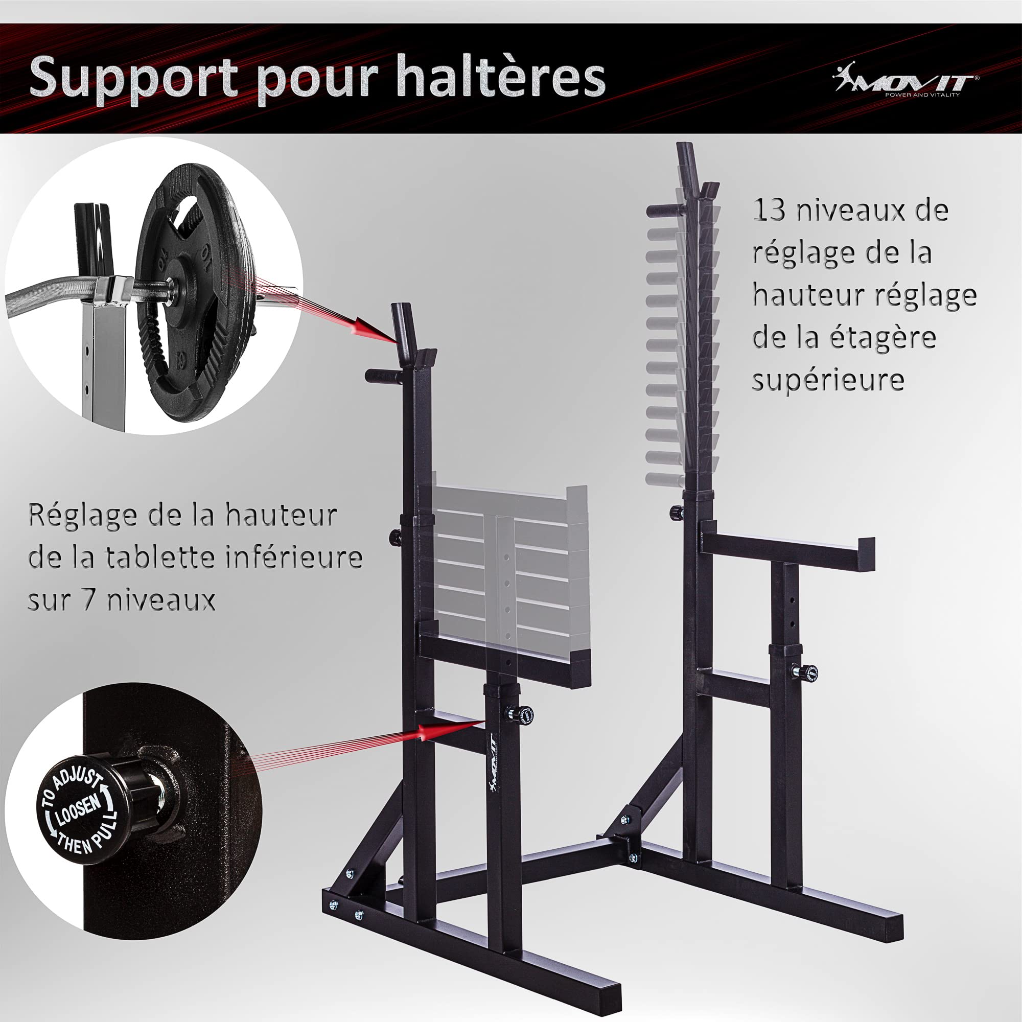 MOVIT Squat Rack Pro avec Station Dip, Hauteur et Largeur réglables, Support pour haltères Support pour haltères Appareil d'entraînement à Domicile Home-Gym, Blanc ou Noir