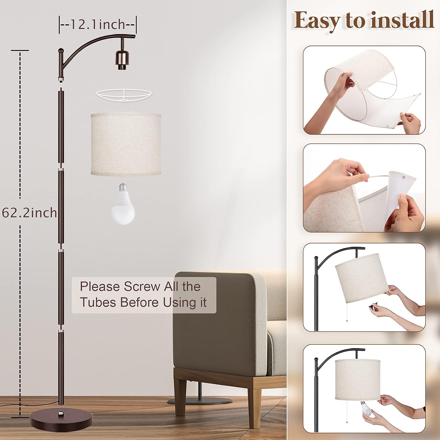 YIOU Floor Lamp, 3 Color Temperature LED Floor Lamps for Living Room Bedroom Office with Lamp Shade and 9W Bulb Included Standing Lamp, Modern Floor Lamp (Brown) : Everything Else