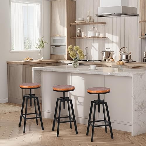 Miniatura 7 de Juego de 2 taburetes de bar vintage de 25.6 a 31.5 pulgadas de altura ajustable, taburete de comedor giratorio de madera, asiento de cocina, isla de