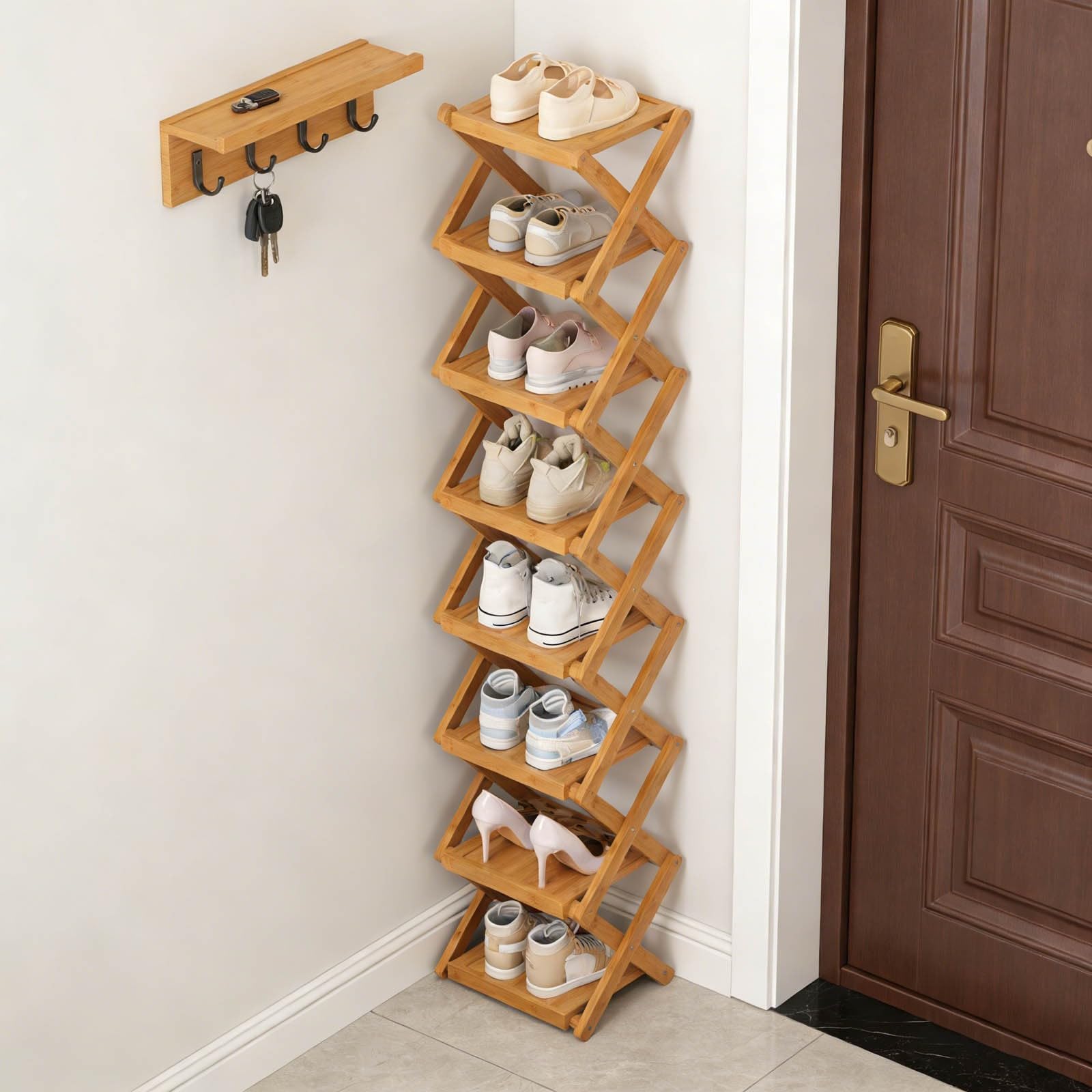 The 9-Tier No-Assembly Bamboo Rack, 2026 Upgraded Foldable 9 Tier Bamboo Corner Shoe Rack, Space-Saving Organizer for Shoes, No Assembly Narrow Shoe Shelf for Entryway Closet Dorm (Khaki-8 Layers)