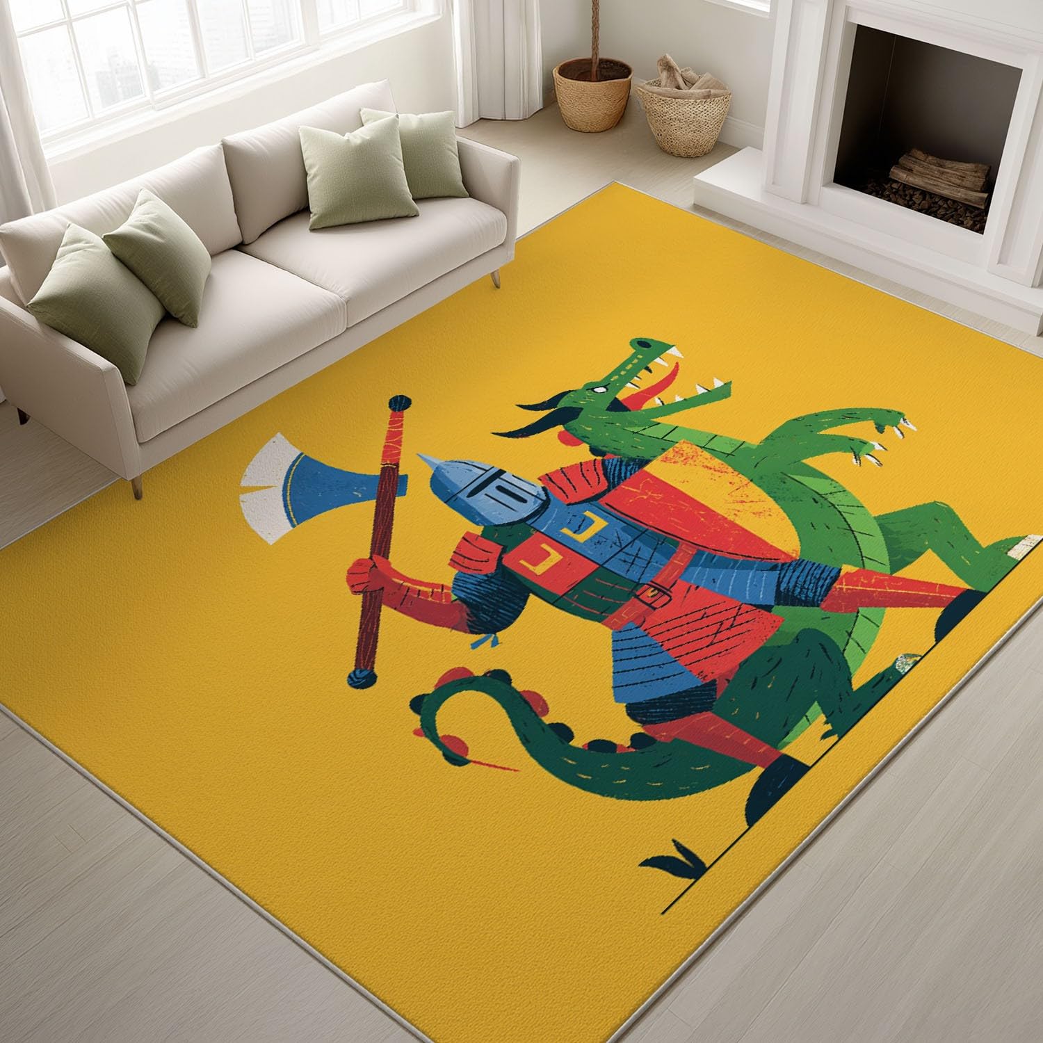 Générique Kreskówka retro miękki dywan komiks i gry wideo drukowany dywan rycerz w zbroi zielony smok zmywalny antypoślizgowy dywanik do salonu, sypialni, biura 120 x 180 cm