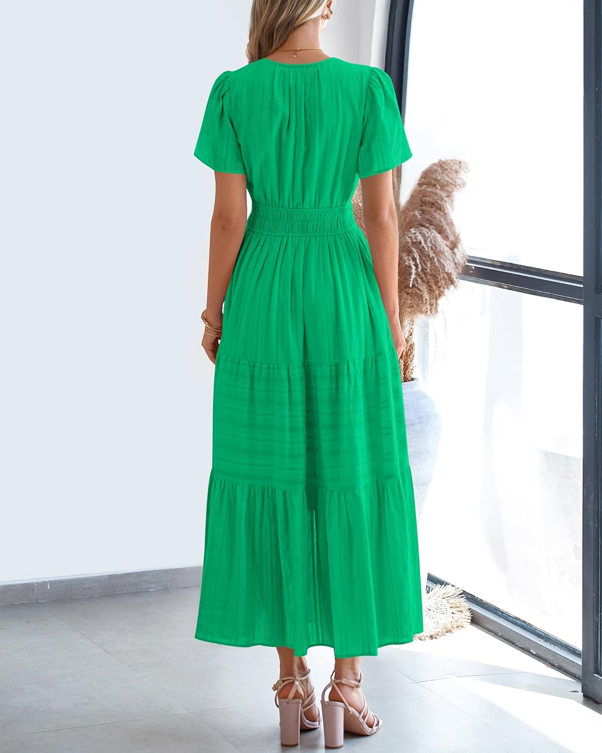BTFBM Womens Summer 2026 Casual Midi Maxi Dresses Lightweight Short Sleeve V Neck Elastic Waist Boho Beach Dress Pockets - Image 3