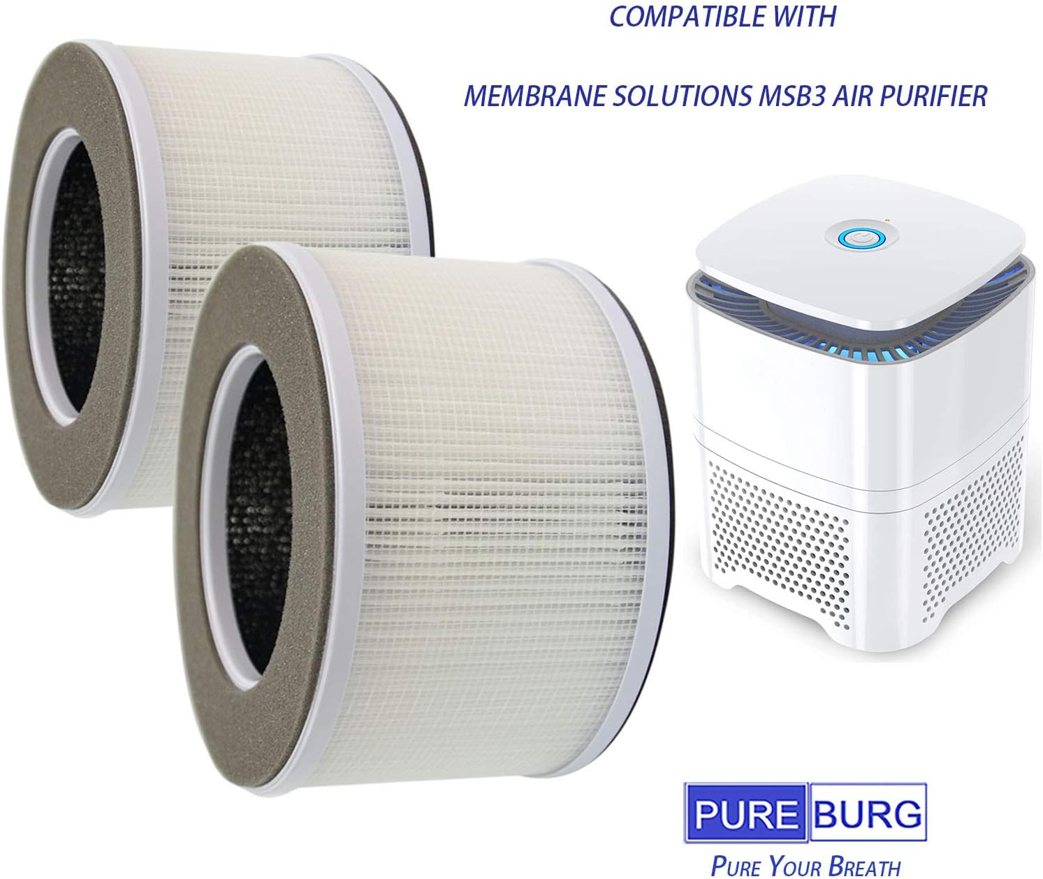 PUREBURG Replacement Filters Compatible with Membrane Solutions MSB3 Air Purifier,2-Pack H13 HEPA 3-Stage Filtration Activated Carbon Air Clean VOCs Odor - Image 2