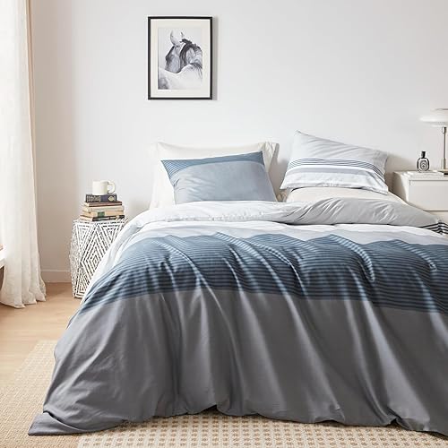 Miniatura 2 de YuHeGuoJi Juego de funda de edredón a rayas azul verdoso, tamaño King, 100% algodón, 3 piezas, 1 funda de edredón geométrica azul neutro moderna con