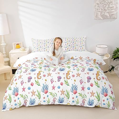Miniatura 4 de Juego de funda de edredón de medusas para niños y niñas, juego de ropa de cama de caballito de mar para niños y niñas, juego de funda de edredón de