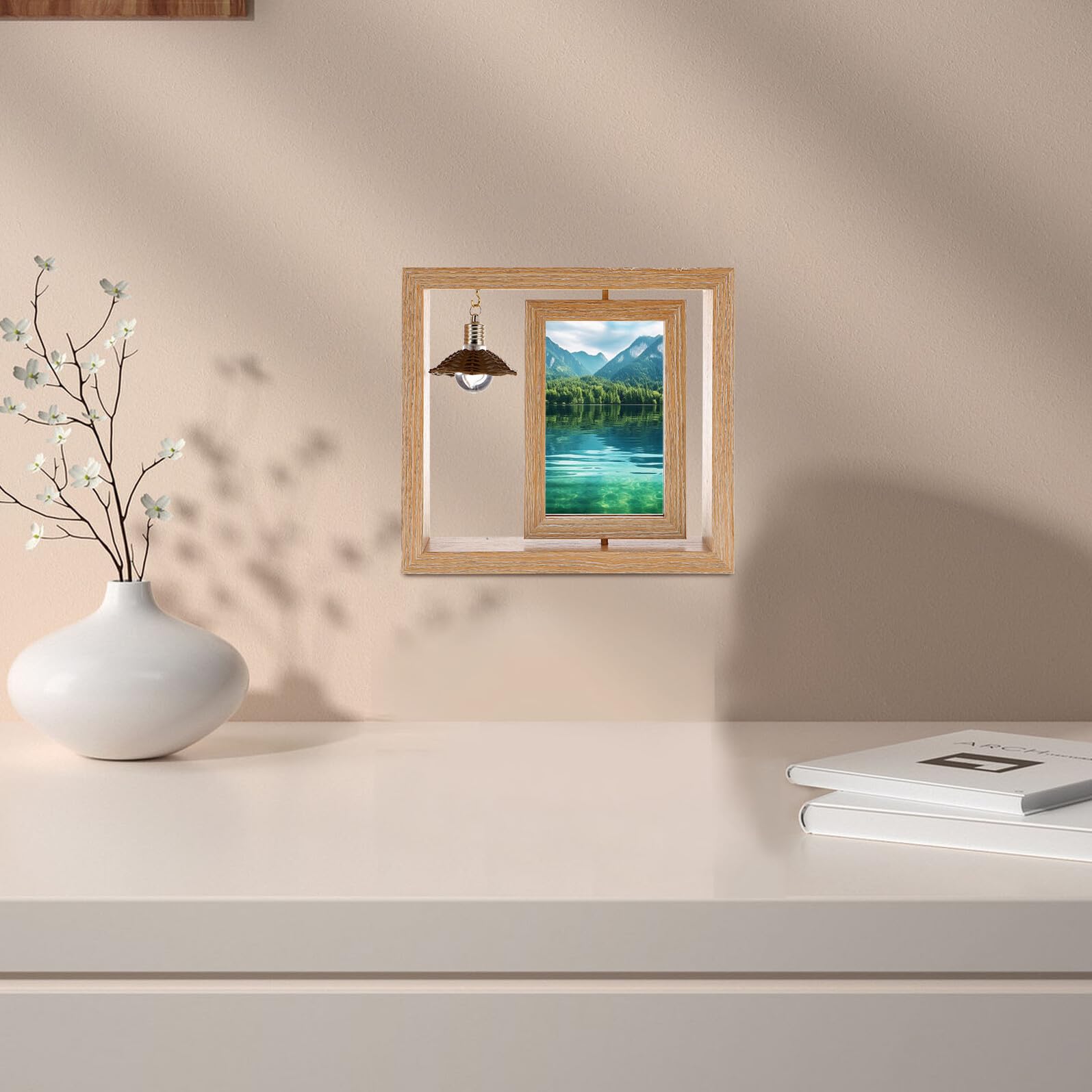 VANZACK Marco de Fotos Giratorio de Doble Cara de Madera 15x15 Cm Luz LED para Escritorio, Adorno Decorativo Creativo para Hogar y Oficina, Marco Soporte para Fotos 6 Pulgadas