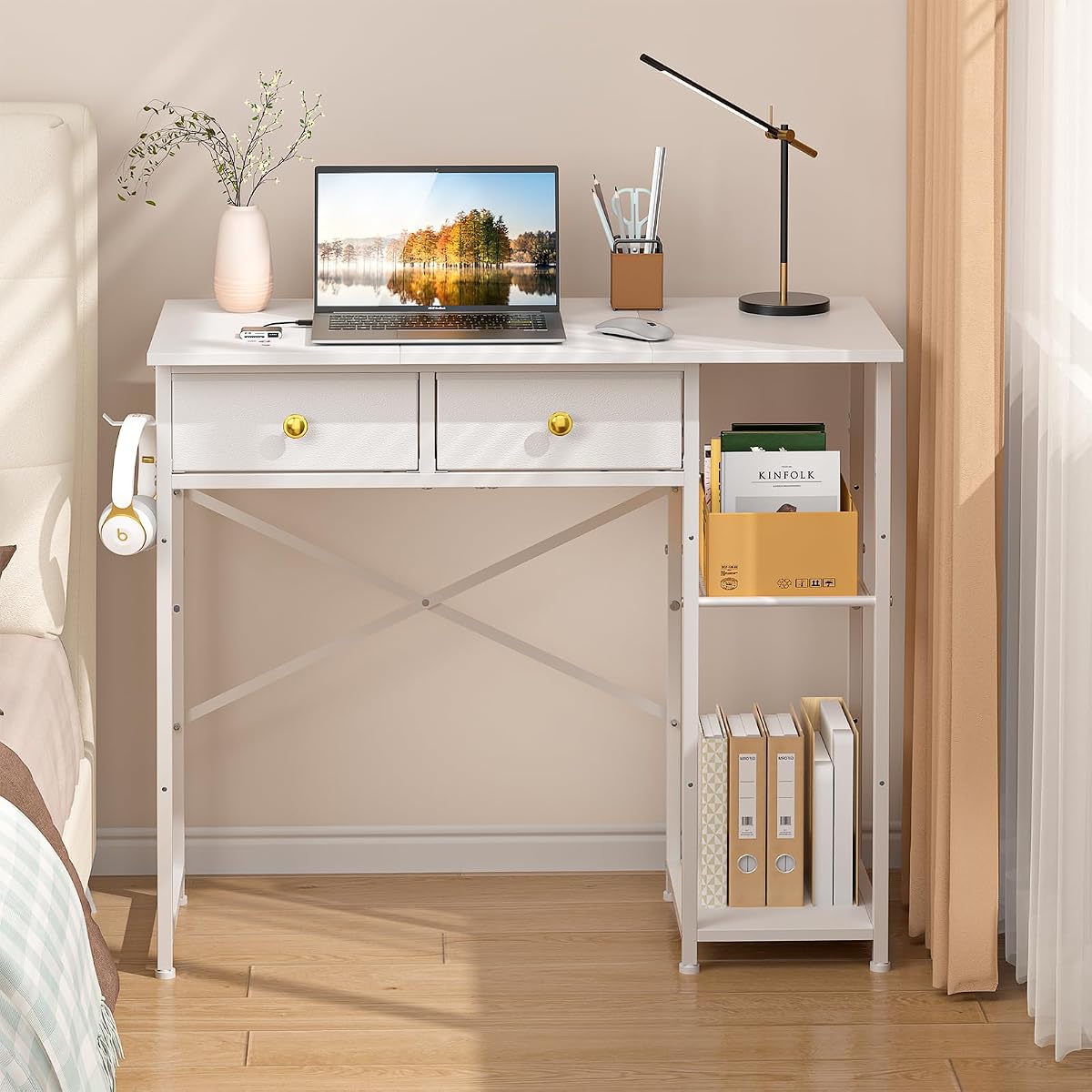 DAOUTIME Escritorio blanco para computadora, escritorio pequeño de 36 pulgadas con cajones, escritorio de oficina en casa con estantes de almacenamiento para dormitorio, sala de estar, dormitorio, tocador para espacios pequeños, blanco