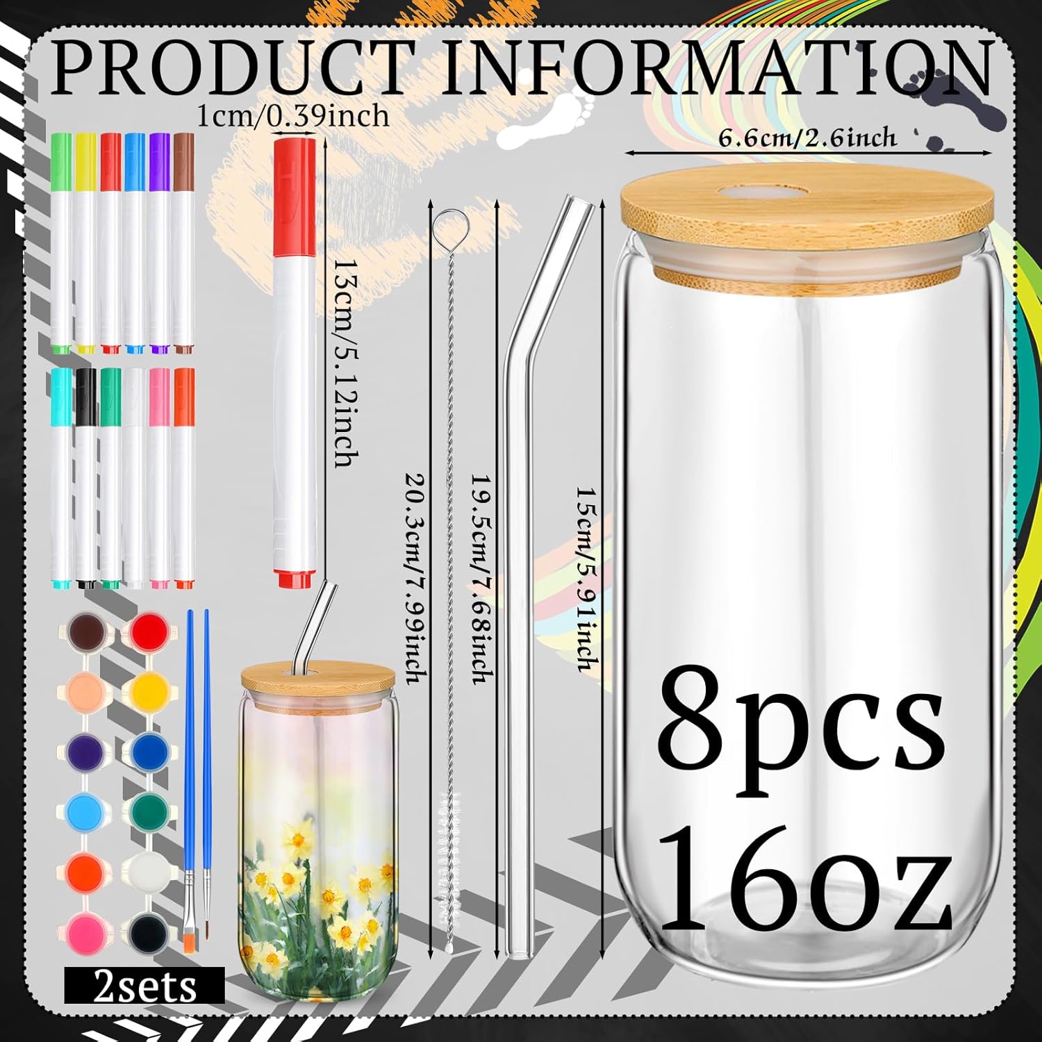 Pickmesh 8 Set Glass Painting Kit for Valentines Day Gifts Adult 16 oz Glass Tumbler with Lids and Straws 12 Markers 12 Colors Acrylic Pain with Brushes to Design Your Own Wine Glasses Gifts