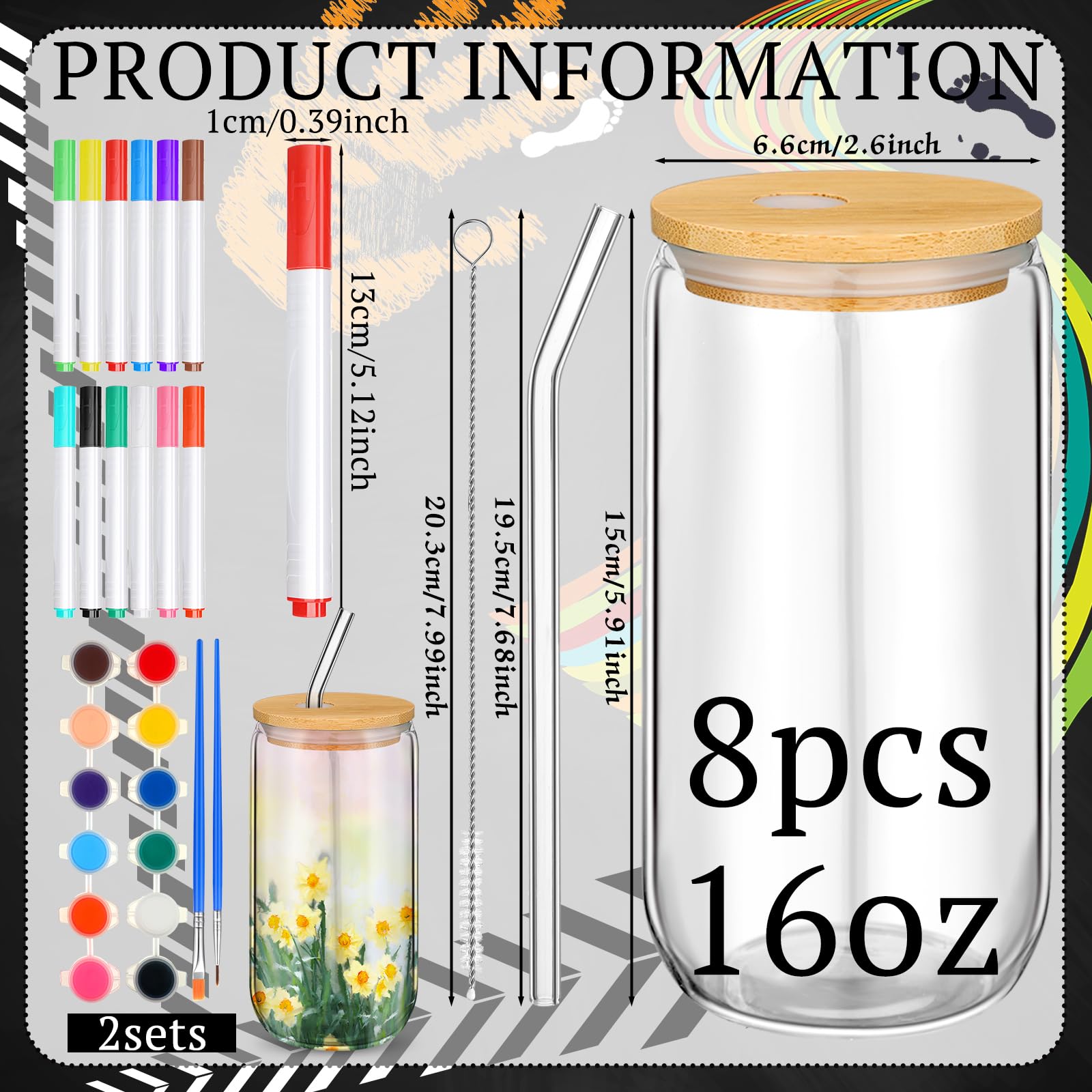Pickmesh 8 Set Father's Day Craft Paint Your Own Glass Cups Kits 16 oz Tumbler with Lids and Straws 12 Pcs Markers 12 Colors Acrylic Paint with Brushes to Design Your Own Drinking Glasses Cups