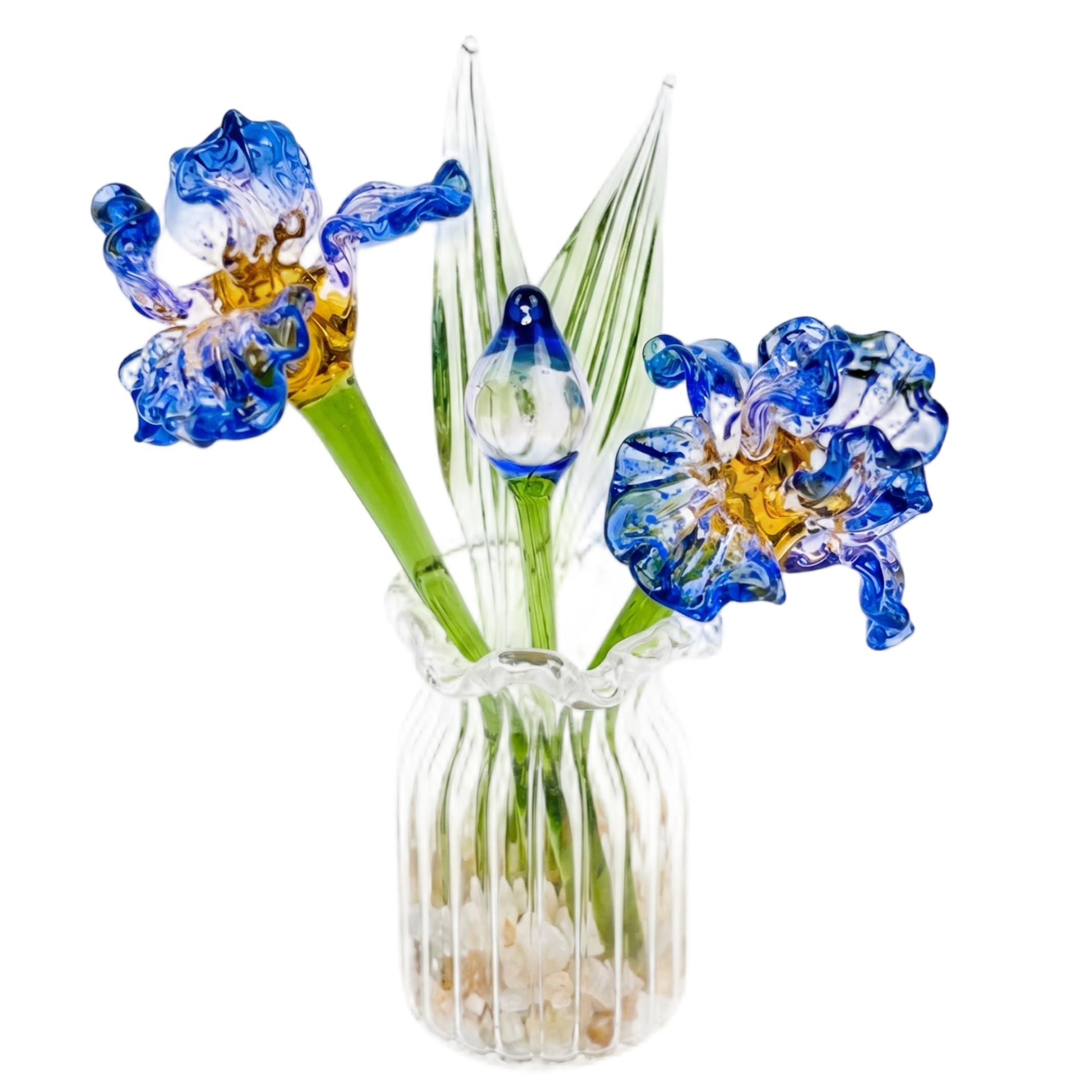 Tsawntd Artificial Flowers, Mini Glass Flowers, Handmade Crystal Iris Flower in Vase Set for Desk, Shelf, Bedside, Home Decor, Blue