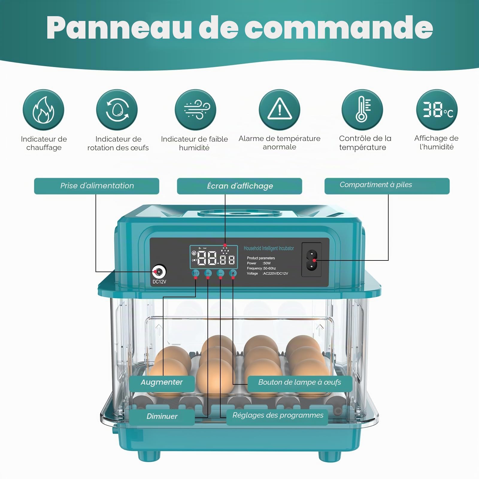 Incubateur entièrement automatique, incubateur pour 10 à 36 œufs avec rotation automatique des œufs et humidification automatique, incubateur avec indicateur d'humidité pour poulets, canards, oies et