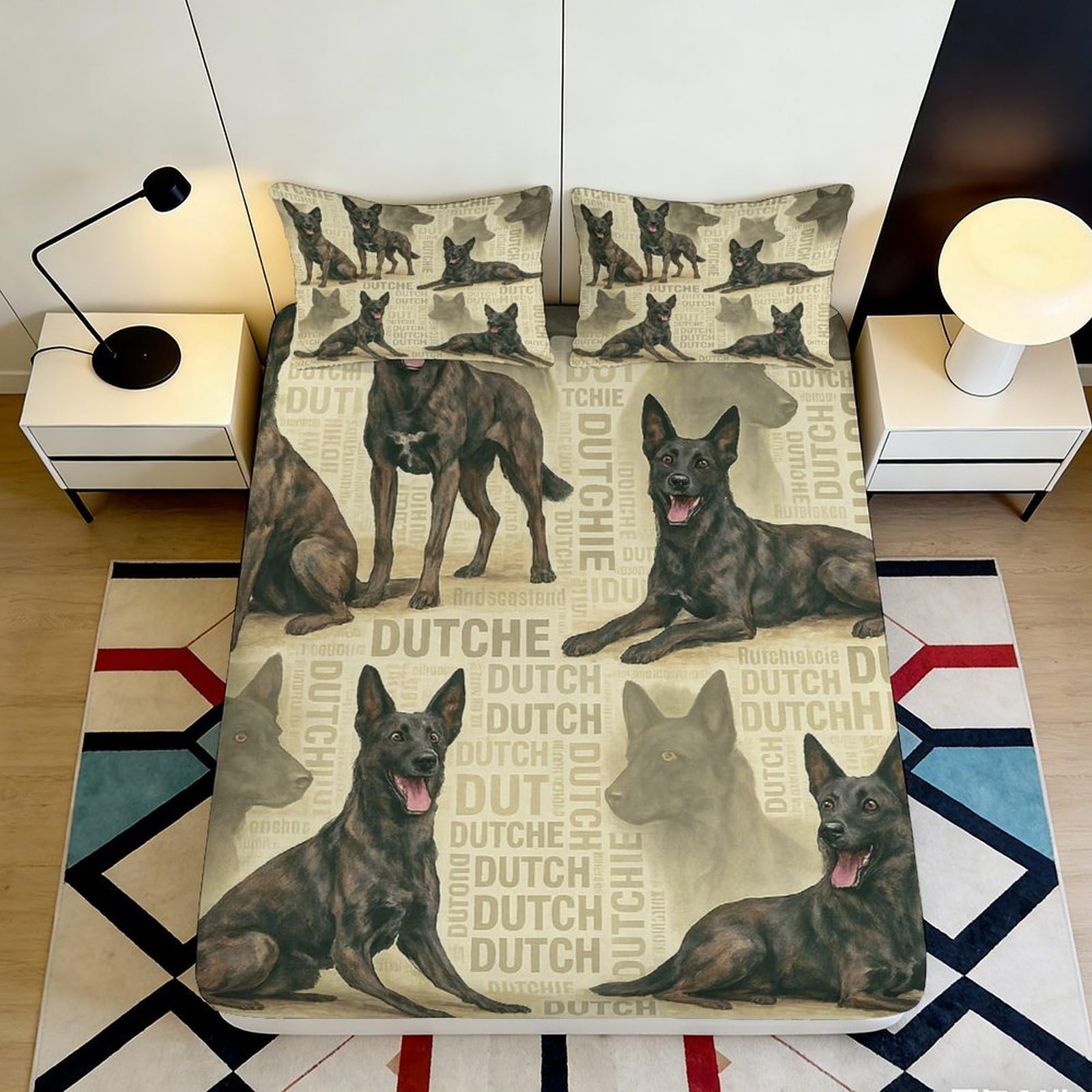 Uynsixtme Style-4 3D Printed Dutch Shepherd Fitted Sheet Microfiber Deep Pocket Bedroom Bedding Dutch Shepherd Mattress Fitted Cover Non-Slip Elastic Hem Washable 90X200x25cm
