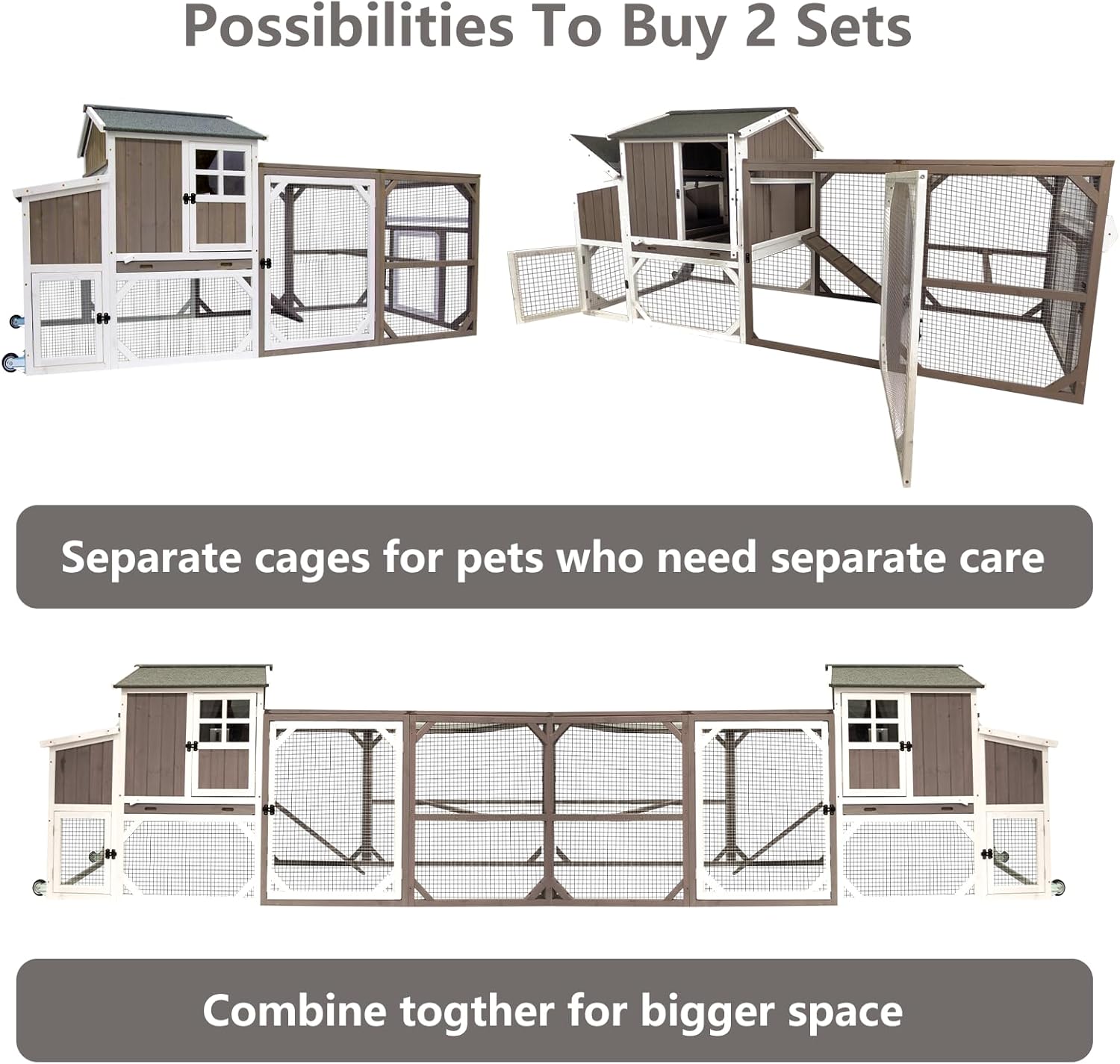 Chicken Coop Mobile Wooden Hen House with Nesting Box,191" L Outdoor Chicken House with Wheels and Removable Tray,Fir Wood Chicken Tractor with 6 Ventilation Door and Ramp-Grey(2 Sets)