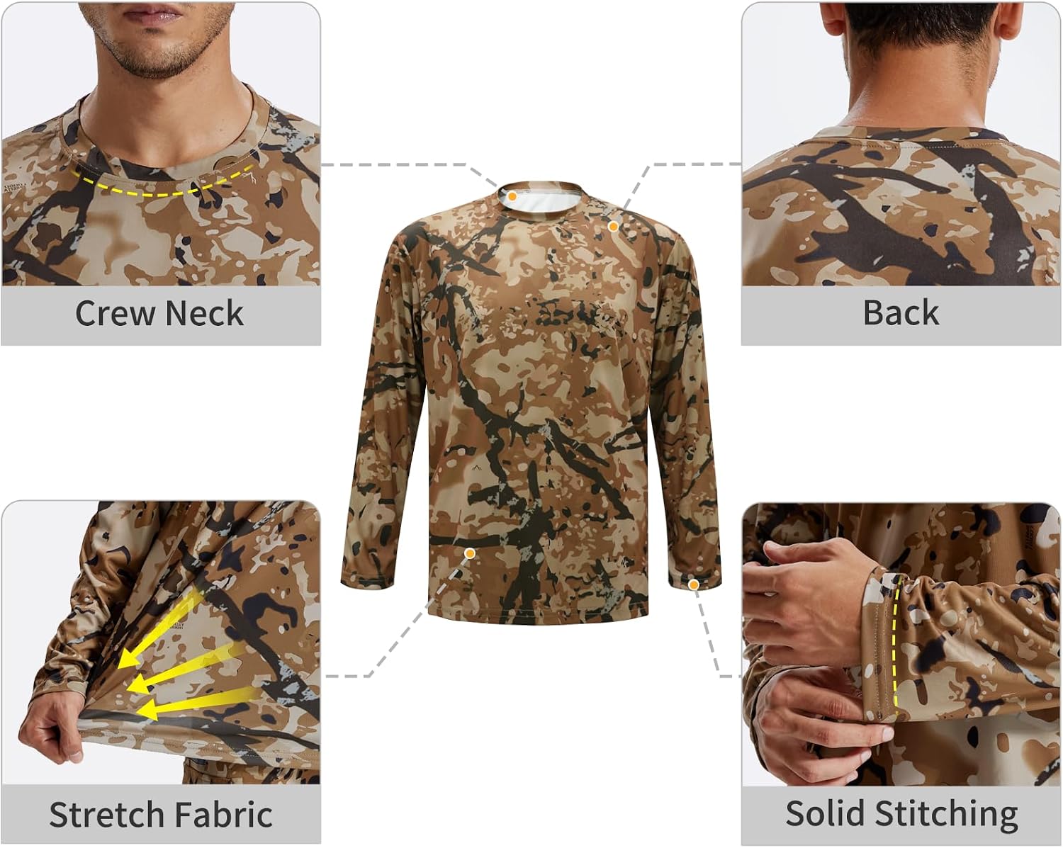 Camo Hunting Shirts for Men Long Sleeves Crewneck Quick Dry UPF 50+ Hiking Fishing Shirt