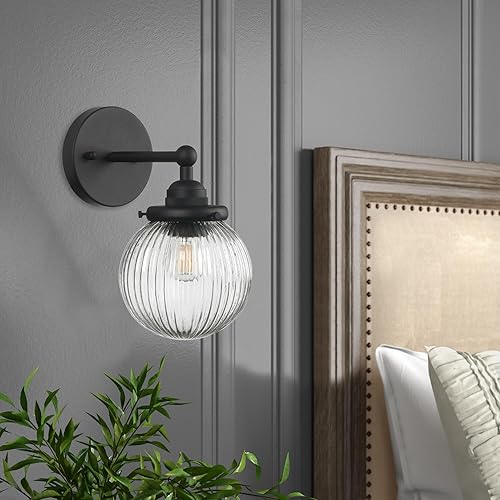 Miniatura 3 de Yosoan Lámpara de pared de 1 luz, estilo vintage, industrial, retro, a rayas, redonda, de vidrio, lámpara de pared para cocina, sala de estar (negro)