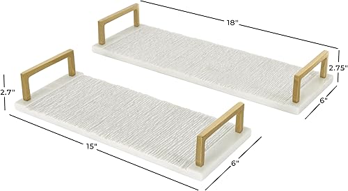 Miniatura 5 de Deco 79 Bandeja decorativa de mármol para sala de estar, bandeja otomana texturizada con asas doradas, juego de 2 bandejas para servir de 18
