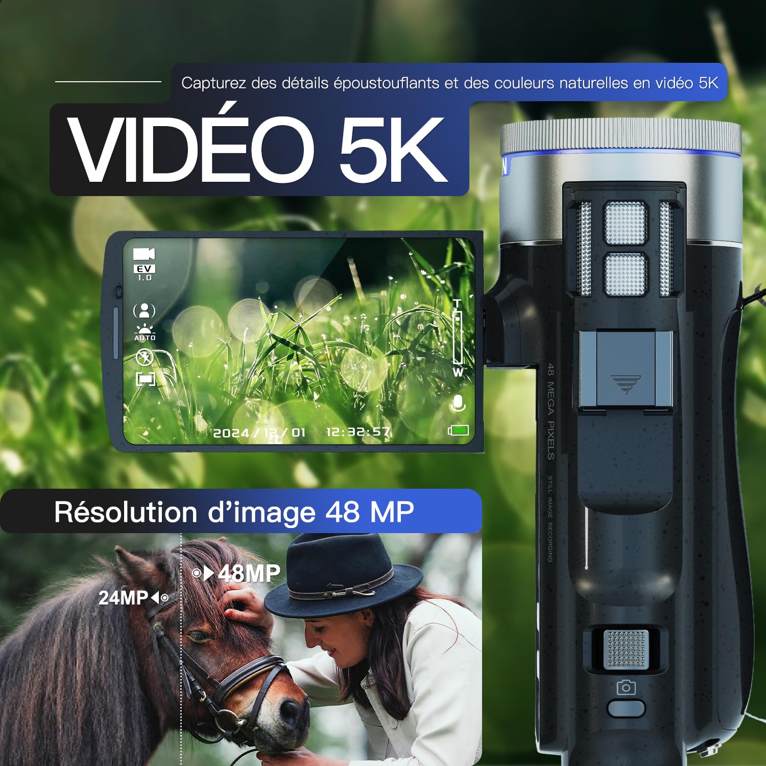 NBD Caméscope 5K 48MP F1.8 WiFi - Écran Orientable 270° & Zoom 16x - Youtube Vlogging Kit, Micro + 11 Filtres, 277g (Marron foncé)