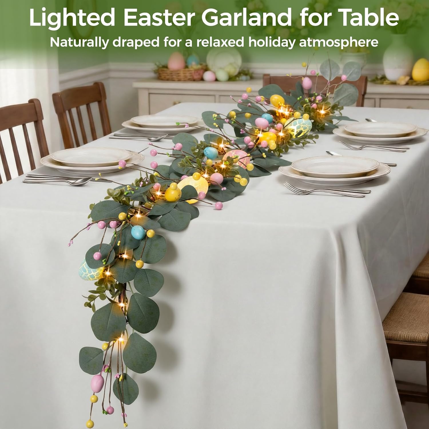 Easter Decorations 6FT Prelit Lighted Easter Garland, Eucalyptus Garland with Easter Eggs, Berries & Buds - 20 LED Lights 8 Modes with Timer, Battery Operated for Mantle Door Table Home Indoor Outdoor