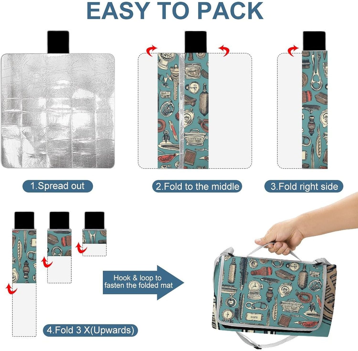Barber Shop Waterproof Picnic Blanket 58.3''x58.3'',Portable and Foldable Picnic Mat with Handle,Outdoor Blankets for Lawn Park Beach Travel