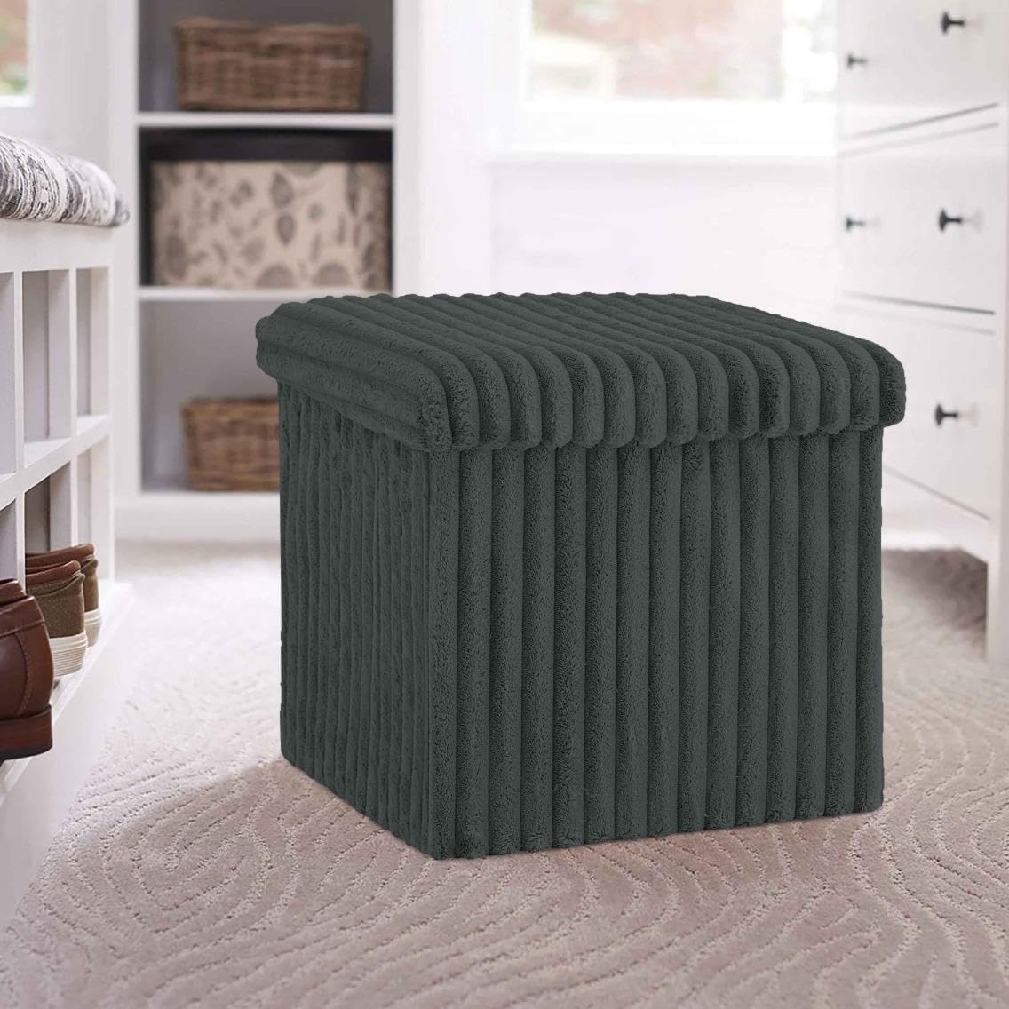 BLOOM BLENDS Ribbed Velvet Storage Ottoman Box – Foldable, Stylish & Multi-Purpose Seat with Lid | Available in 5 Colours | Bedroom, Living Room, Entryway (Charcoal, Small (38x38x38))