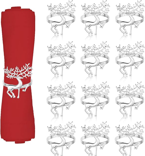 12Pcs Christmas Deer Napkin Rings Set, MOCOLOM Glossy Elk Napkin Holder, Chic Reindeer Napkin Buckle for Christmas, Wedding Adornment, Holiday Dinner Party, Xmas Dining Table Decor Supplies (Silver)