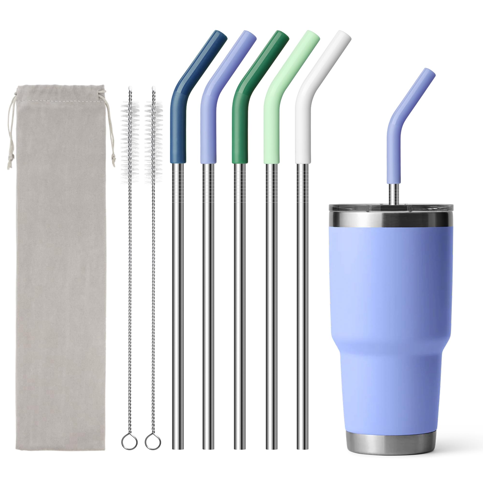 9.5" Metal Straws Reusable for 30/32 oz Tumbler, 5 Pcs Stainless Steel Drinking Straws for Yeti/RTIC/CIVAGO 30 oz Tumblers, 1 Portable Bag