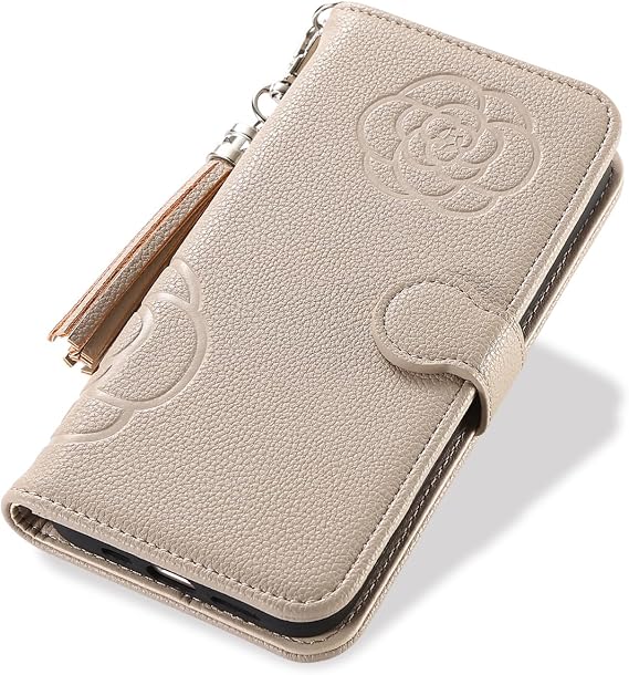 Galaxy S25 Folio Case Embossed Flower Pattern Simple Plain Lychee Leather with Mirror Tassel Charm Befortwo Camellia Flower Galaxy S25 Notebook Type Smartphone Case Cute Design Girls Galaxy S25 SC-51F Cover Notebook Type Card Slots Support Stand Function Muted Color Soft Inlay Cover Camel