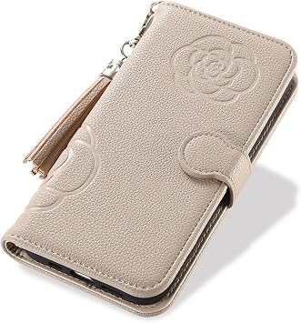Galaxy S25 Folio Case Embossed Flower Pattern Simple Plain Lychee Leather with Mirror Tassel Charm Befortwo Camellia Flower Galaxy S25 Notebook Type Smartphone Case Cute Design Girls Galaxy S25 SC-51F Cover Notebook Type Card Slots Support Stand Function Muted Color Soft Inlay Cover Camel
