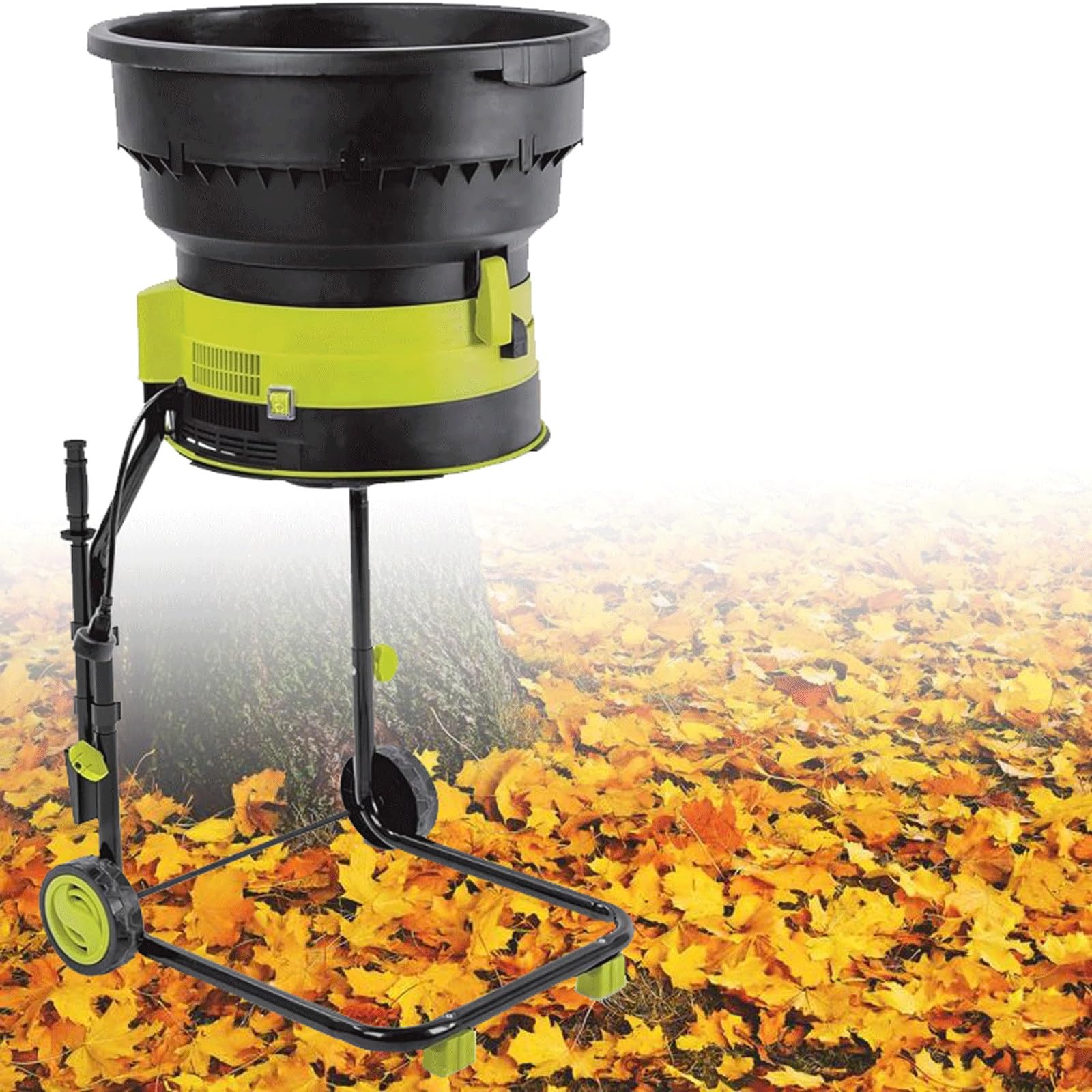 Trituradora de hojas eléctrica con cable, trituradora de jardín de 2500 W con ruedas, trituradora de hojas de 8000 rpm, diámetro de embudo de 54 cm, incluye cable de alimentación de 20 m para un fácil