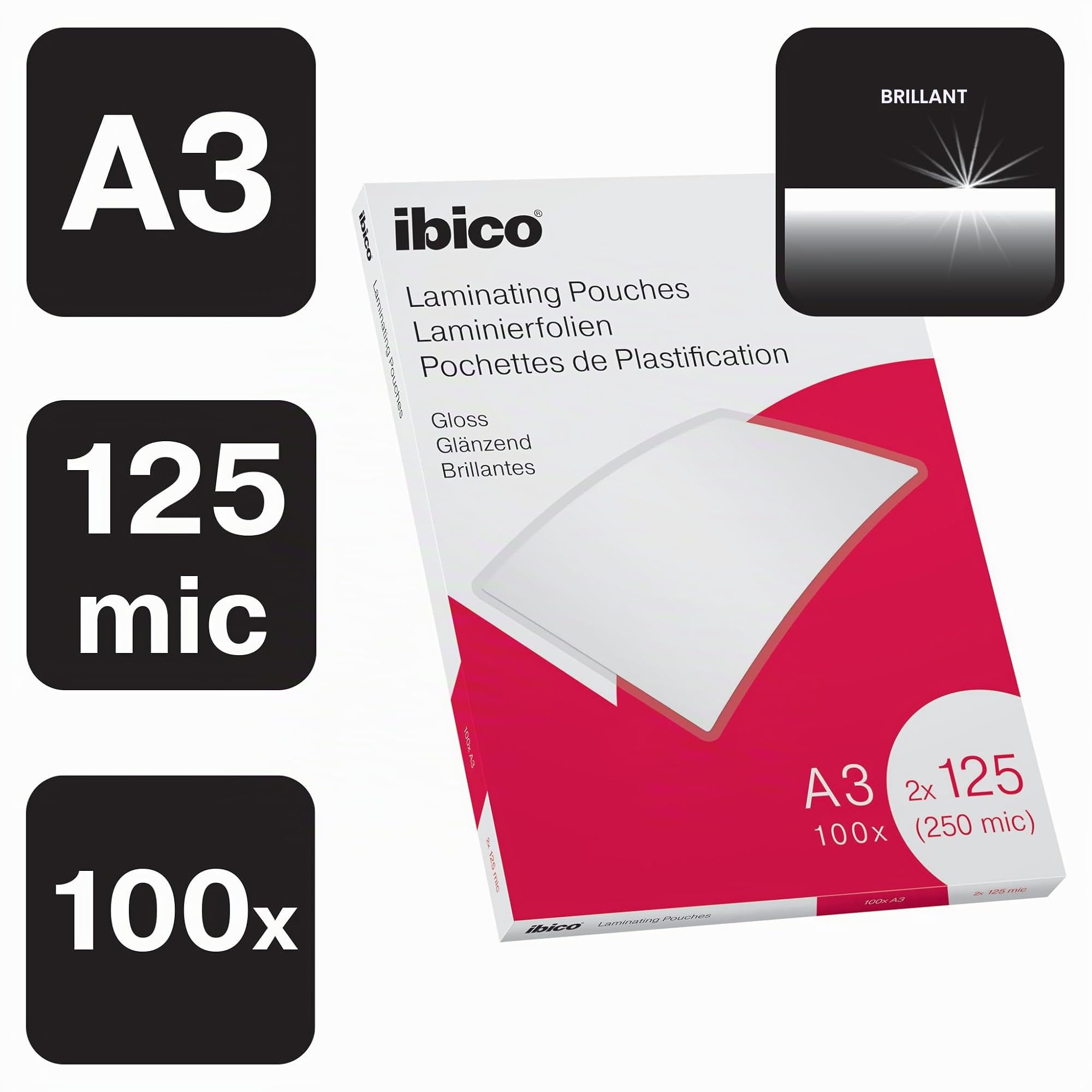 Ibico Pochettes de Plastification A3, 250 microns (2x125), Haute Protection et Durabilité des Documents, Paquet de 100, Finition Brillante, Transparent, 627321