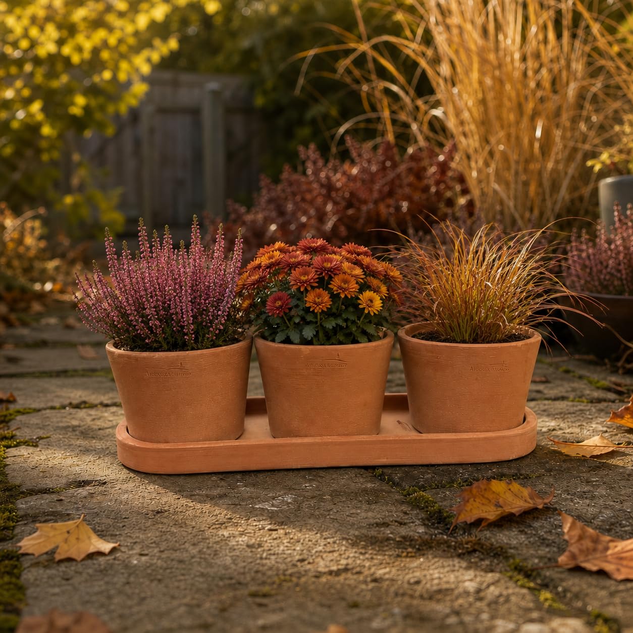 Palatina Werkstatt Kräutertopf Trio Terracotta mit Tablett 48x16x13 cm – 3 Kräutertöpfe Ø15 cm für Küche, Balkon & Garten, Pflanztopf Set für frische Kräuter innen und außen