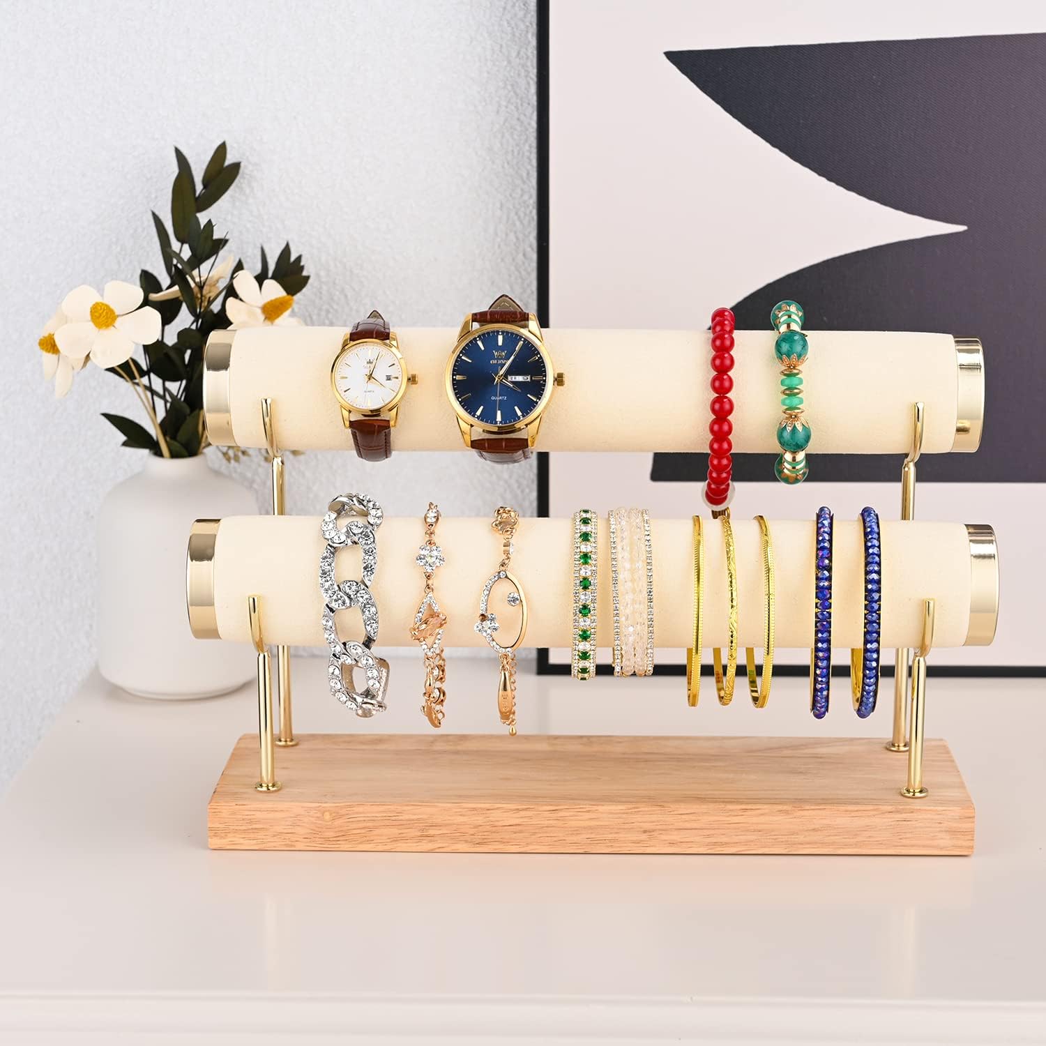 White Bangle Display Holder with T-bar Two Tier Bracelet Stand Storage Towers for Jewelry Organization