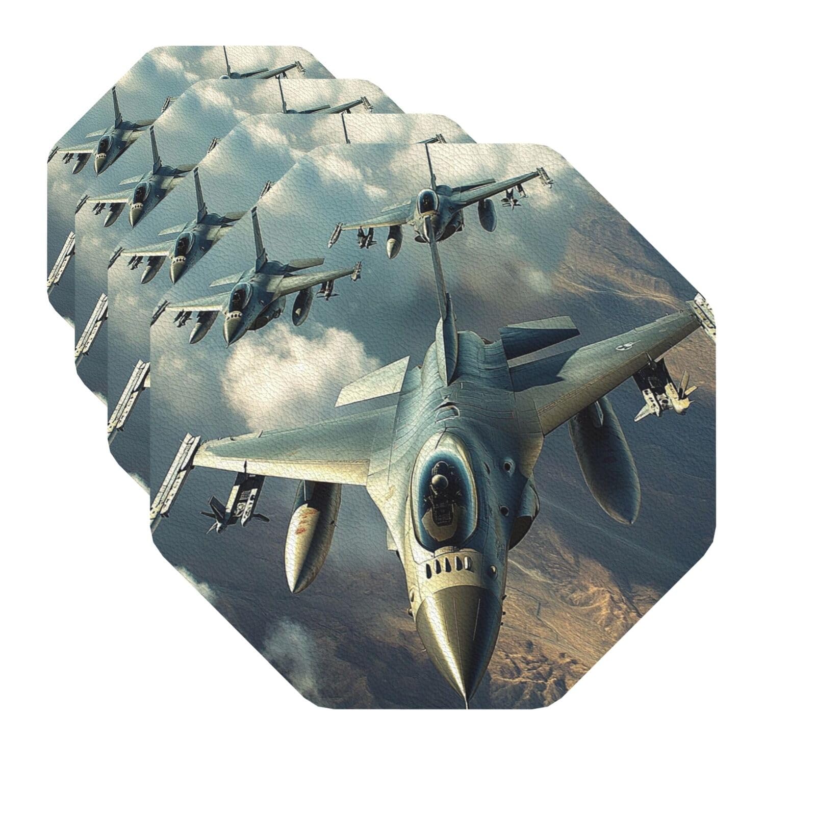 Drink Coasters Set of 4 Quick-Dry Leather Coaster Aircraft Fighter Jets Coasters for Drinks Coffee Cup Mat Tabletop Protection Heat Resistant Coaster for Kitchen Bar Office Home Decor