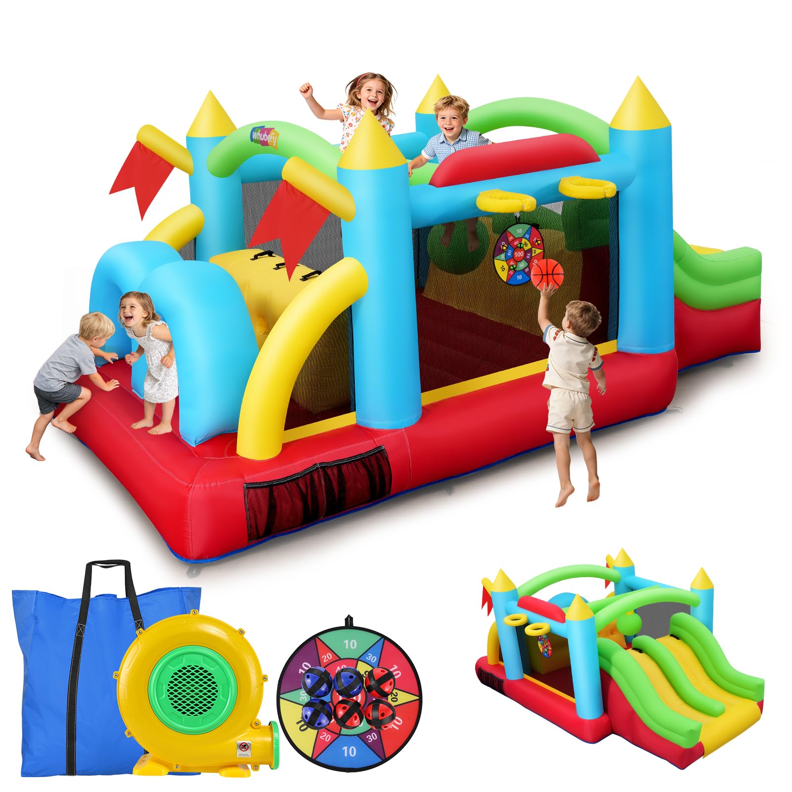 Grand château Gonflable pour Enfants 2 en 1 - Kit de Trampoline Gonflable - Parcours d'obstacles Gonflable - Centre de Jeu pour Jardin - Kit Complet avec Ventilateur (Connexion château B)