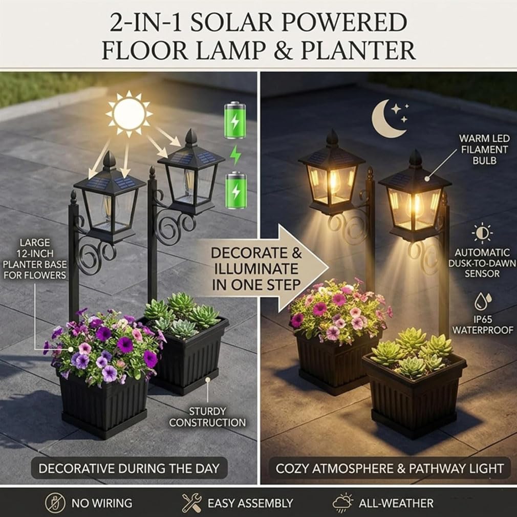 2-in-1 Solar Lamp Post Light with Planter, 2-in-1-Solar-Laternenpfahlleuchte mit Pflanzgefäß, Solarlampen für Außen Garten, Wasserdicht LED Solar Gartenleuchte für Rasen, Terrasse, Hof, Gehweg