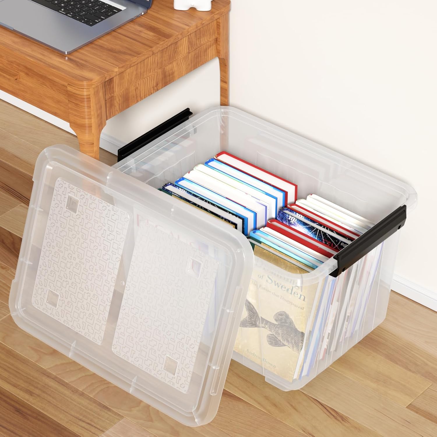 4-Pack 50 Quart Plastic Storage Bin Box Organizing Container with Lid and Secure Latching Buckles, Stackable Wheeled Box, Clear