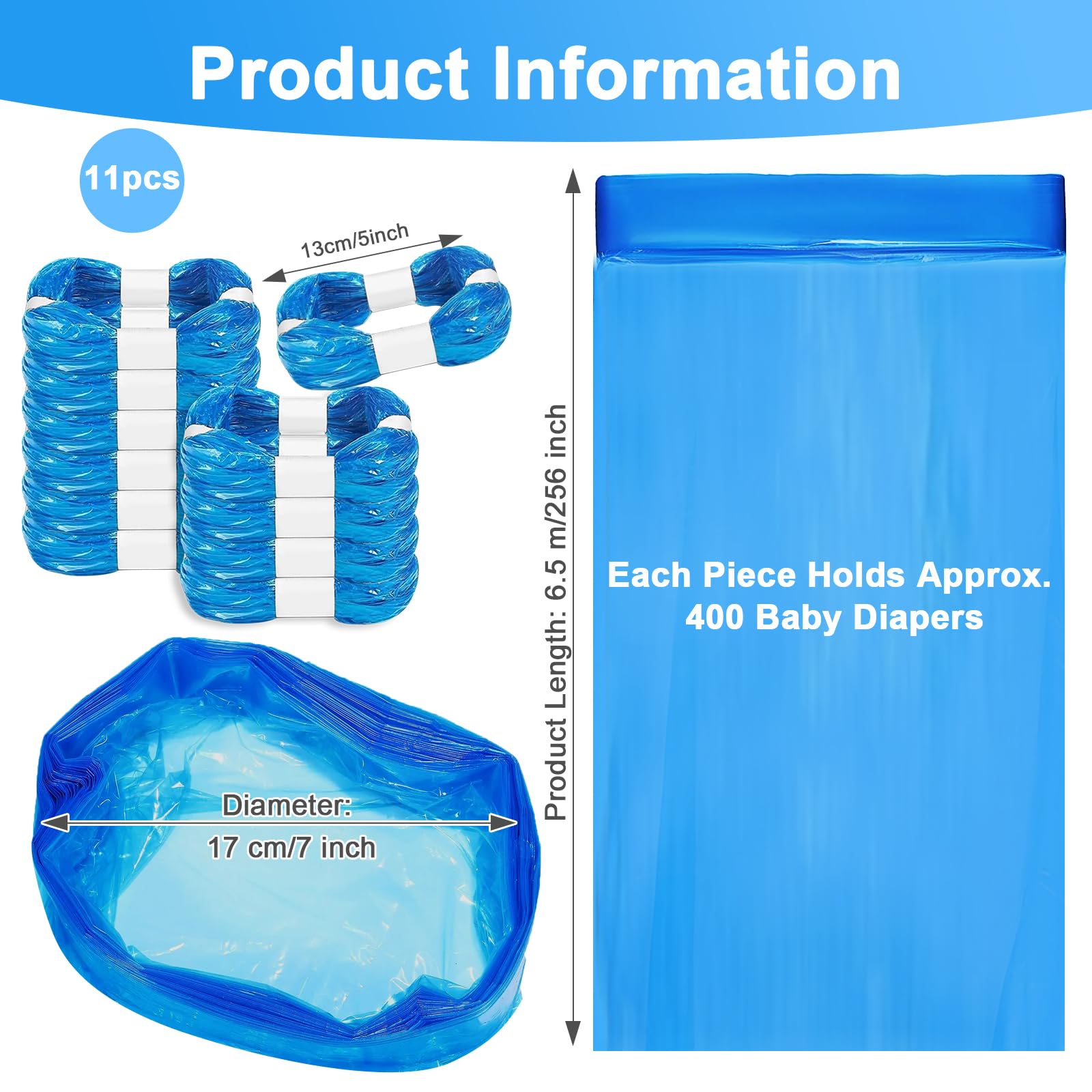 11 cartuchos de recambio para cubos de pañales, 6,5 m, bolsas de repuesto con fragancia, tecnología de 7 capas, compatible con Angelcare, Tommee Tippee, Litter Locker, vástago