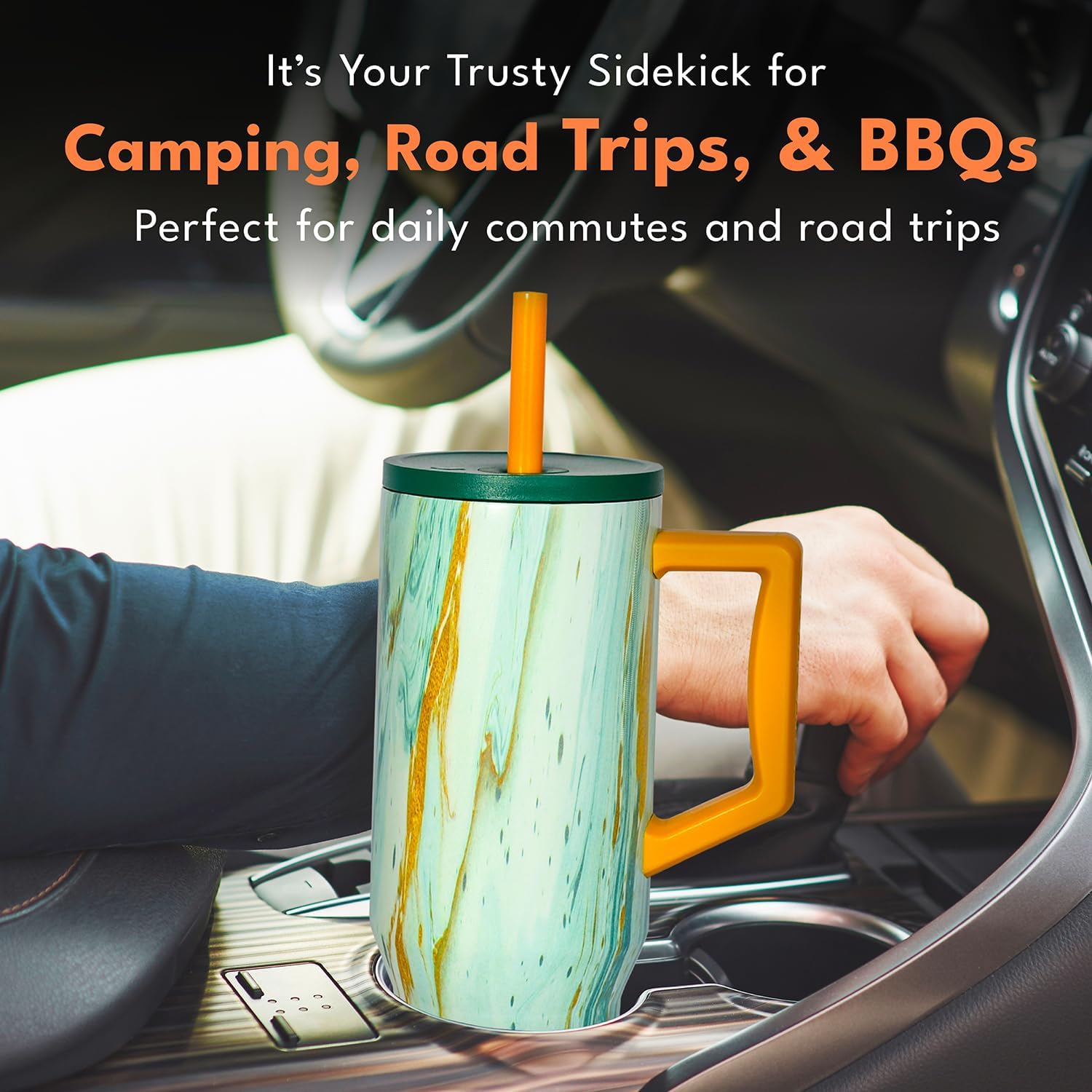 Elemental 40 oz Tumbler with Handle and Straw - Spill Proof Insulated Stainless Steel Commuter for Hot and Cold Beverages - Travel Coffee Mug with 2 Straws & Spill Proof Lid - 40oz - Aurora Glow - Image 8