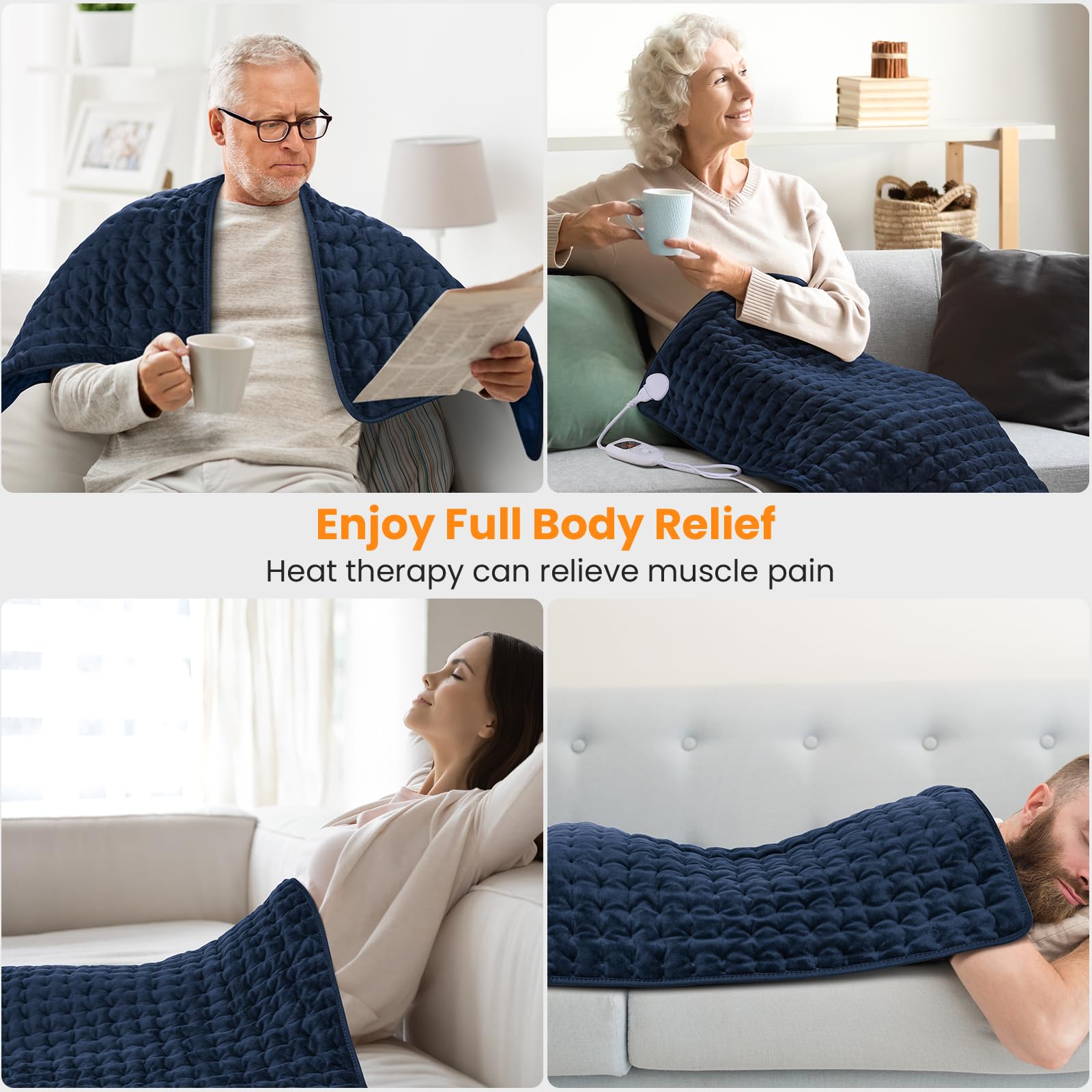 MYCARBON Manta Electrica 92x50cm 6 Temperaturas 4 Temporizadores Almohadilla Electrica para Aliviar el Dolor de Espalda Cuello Hombros Abdomen Piernas Brazos Tejidos Dobles Caras Lavable (Azul Oscuro)