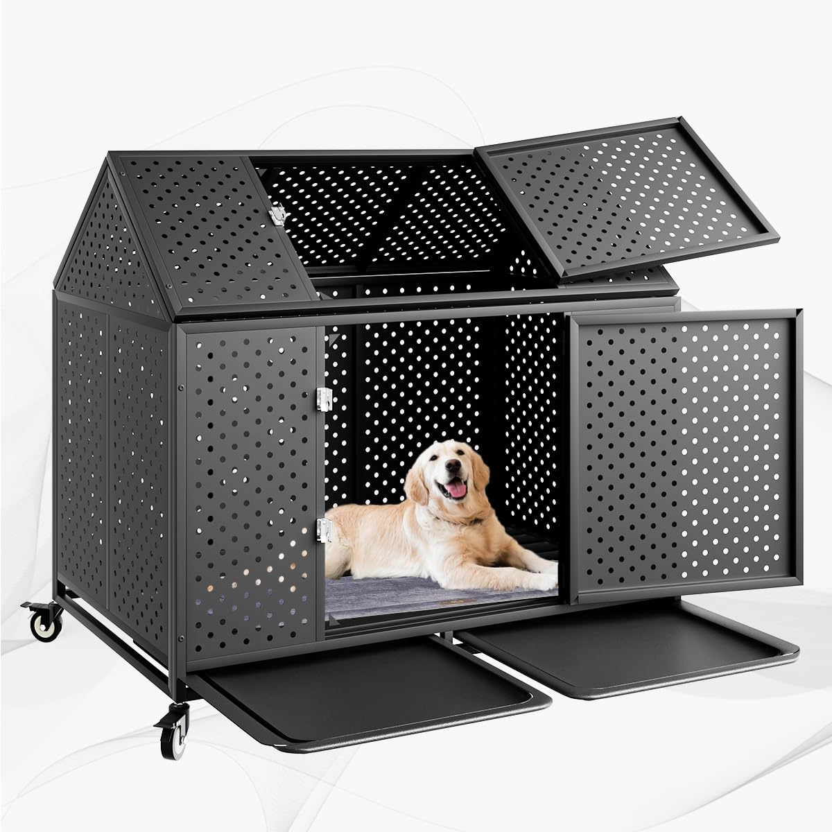 54" Heavy Duty Dog Crate Large Dog cage Strong Metal Dog Kennels and Crates for Large Dogs Top Open with 2 Doors 4 Lockable Wheels 2 Removable Trays