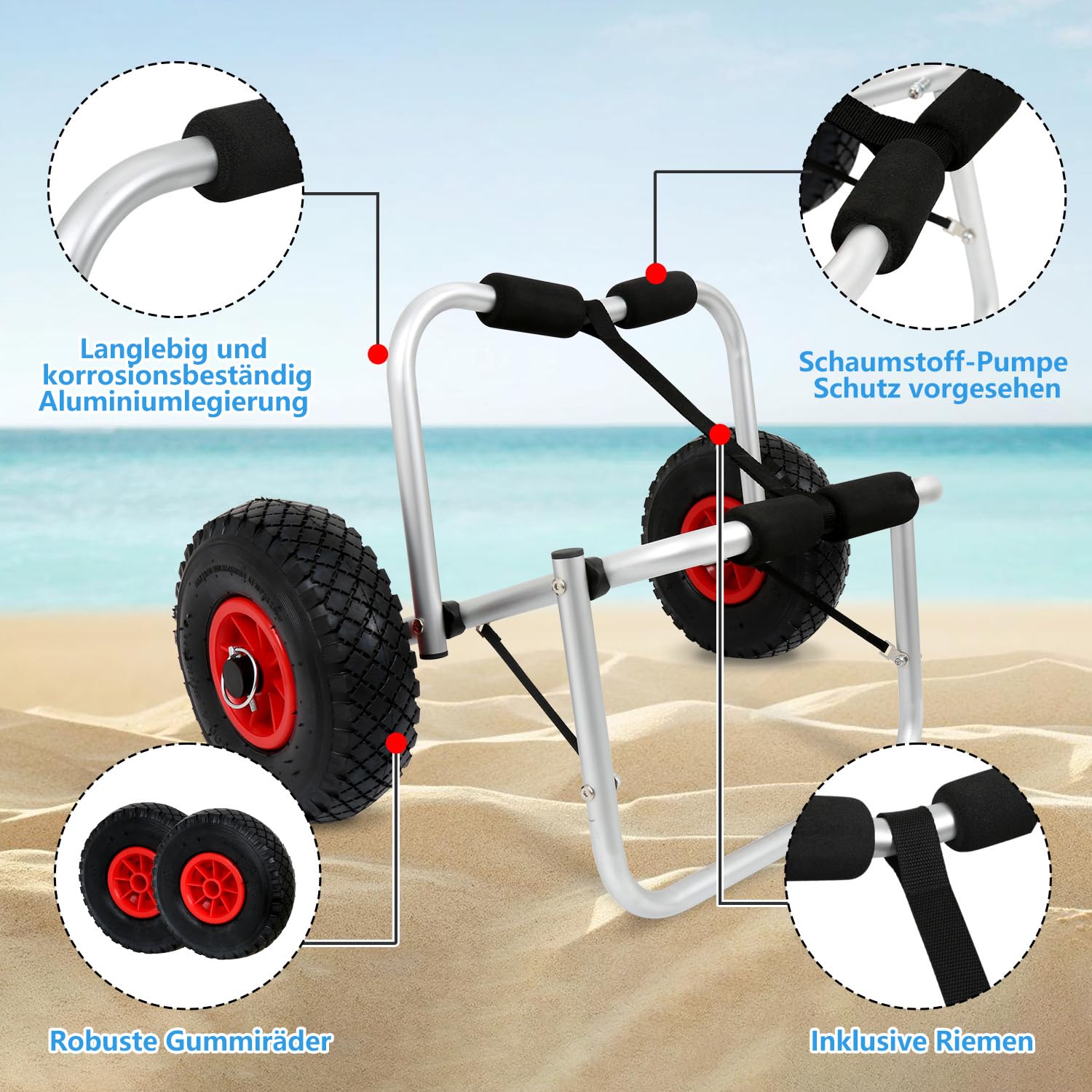 Kajakwagen aus Aluminium, bis 100 kg Belastbar,mit 2 x 26 cm PU-Rädern und PP-Spanngurt,Faltbarer Transportwagen für Kajak, Kanu und SUP