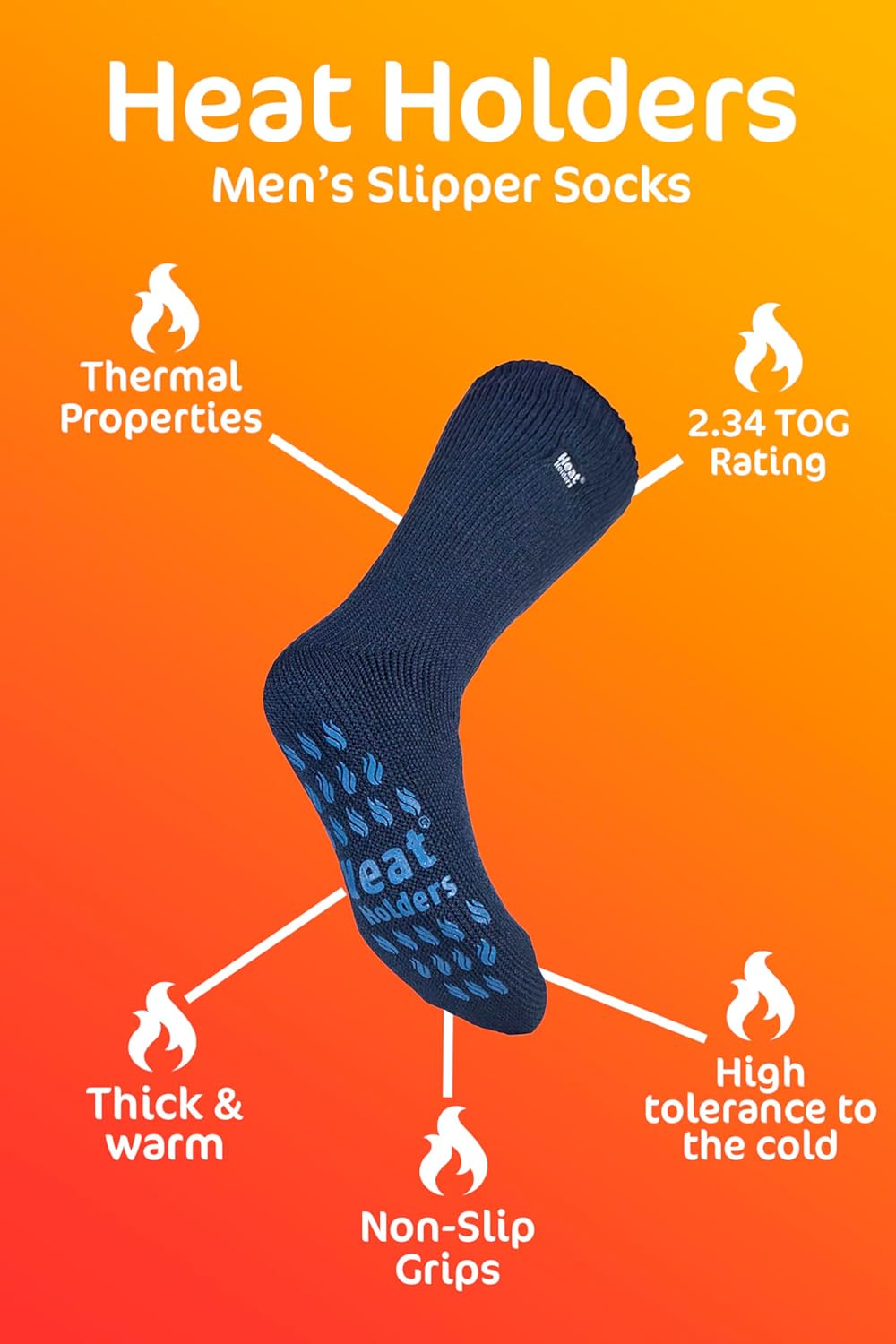 HEAT HOLDERS - Mens Thick 2.3 TOG Non Skid Thermal Slipper Socks with Grippers (13-15 US, Deep Blue/Blue)