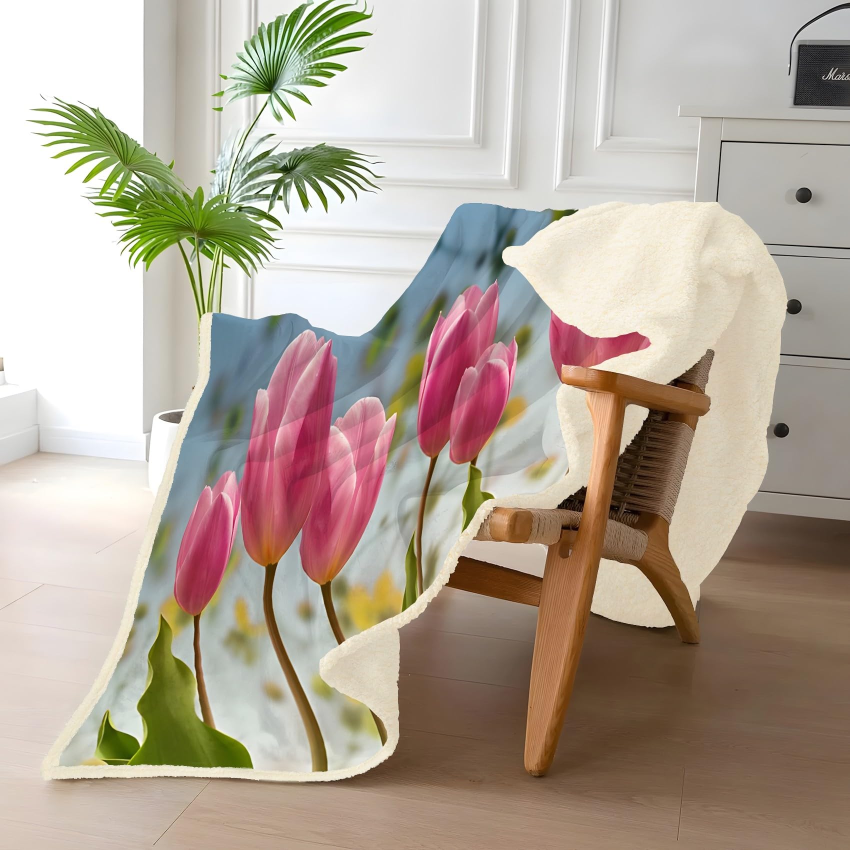 Rosa Tulpe Fleecedecke 130x150 cm – Extra dick & kuschelweich, Flowers Flauschige Decke für Einzelbett, Sofa & Wohnzimmer, Überwurf