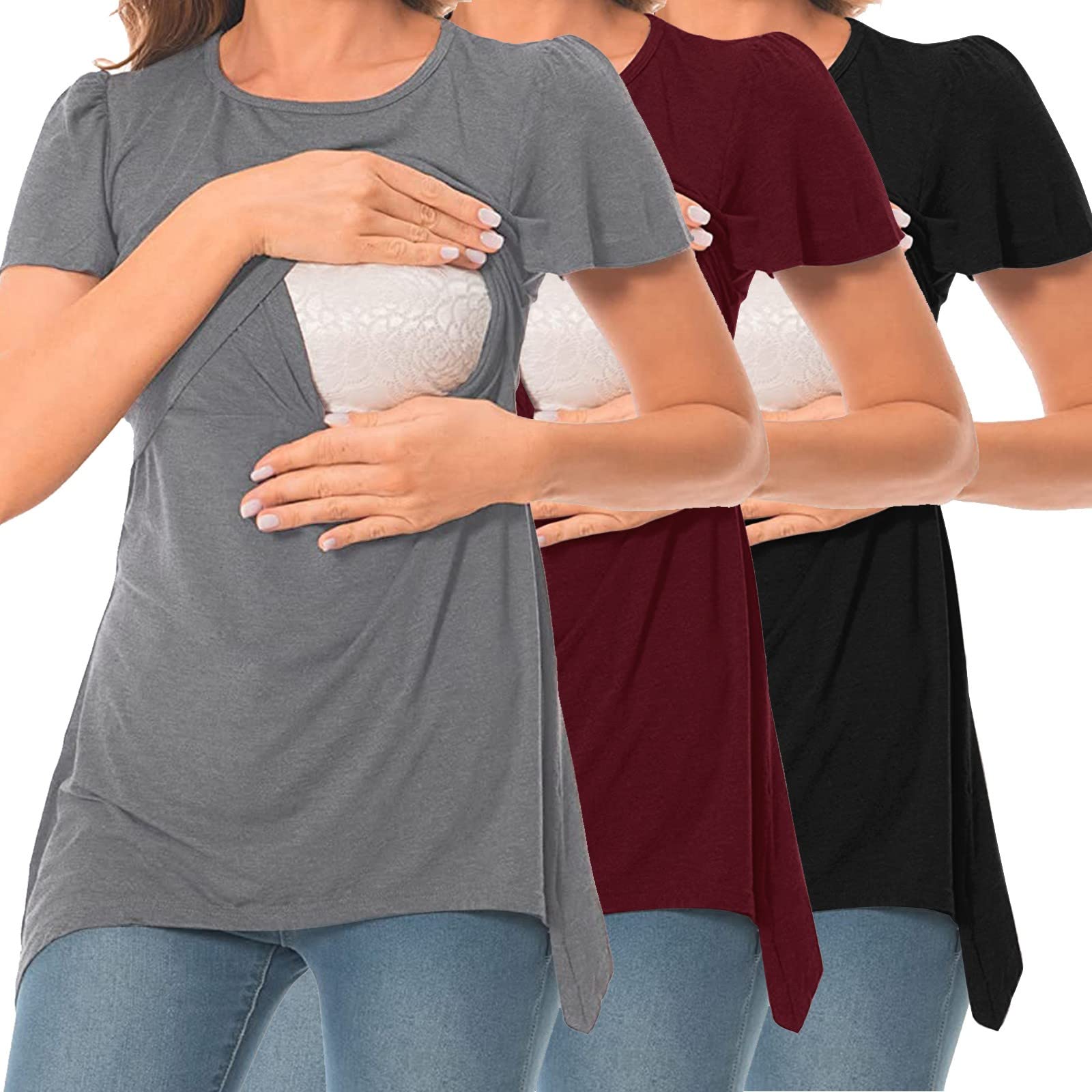 Donkey T-shirt de maternité à ourlet irrégulier pour femme - T-shirt décontracté à manches courtes et col rond - T-shirt d'allaitement basique, b-noir, XXL