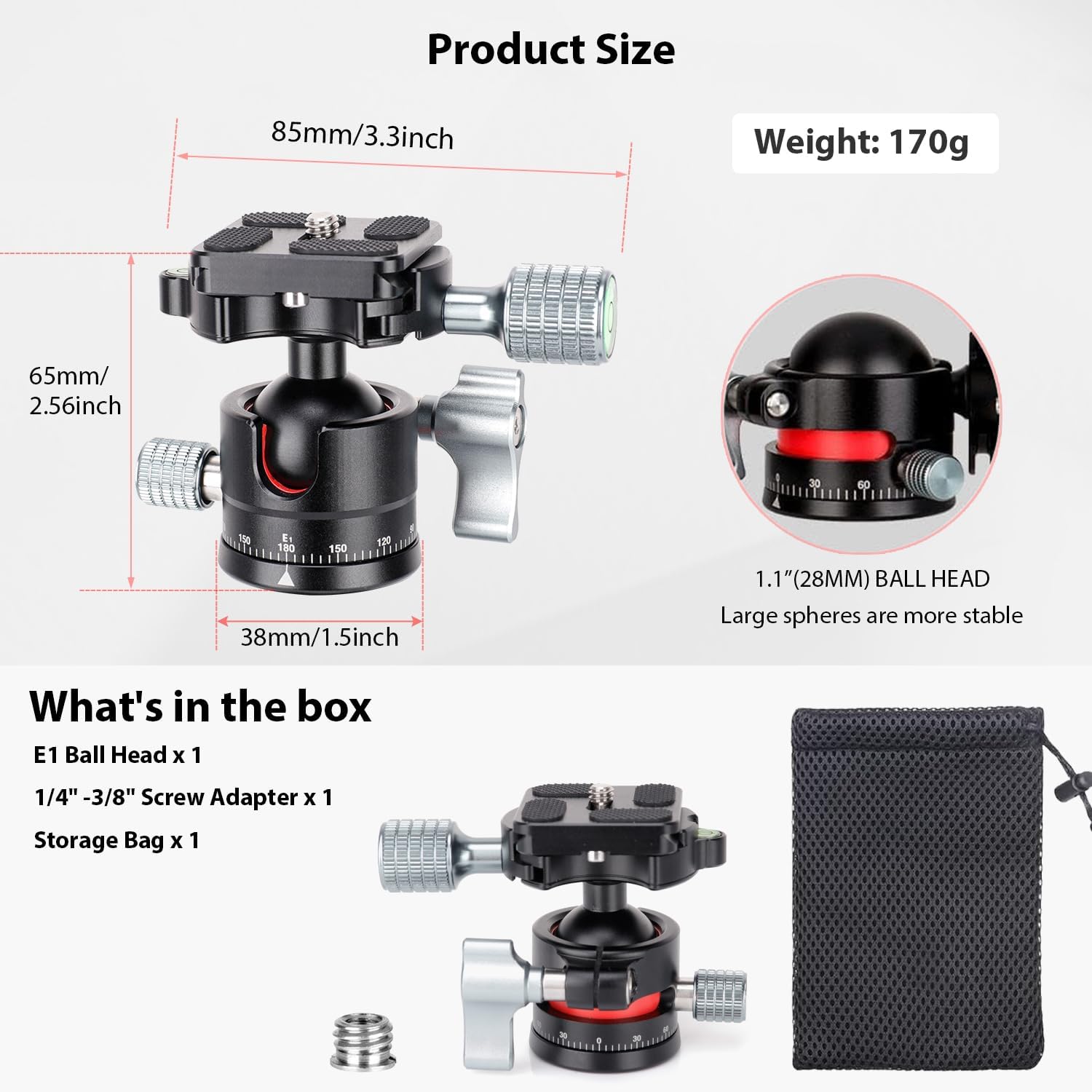 Koolehaoda Tripod Head Mini Ball Head Camera 360° Panoramic Head with 1/4" Screw Arca Type Quick Release Plate Φ28mm Metal Ball Joint for DSLR Camera Tripod Monopod, Max Load 22lbs/10kg - E1