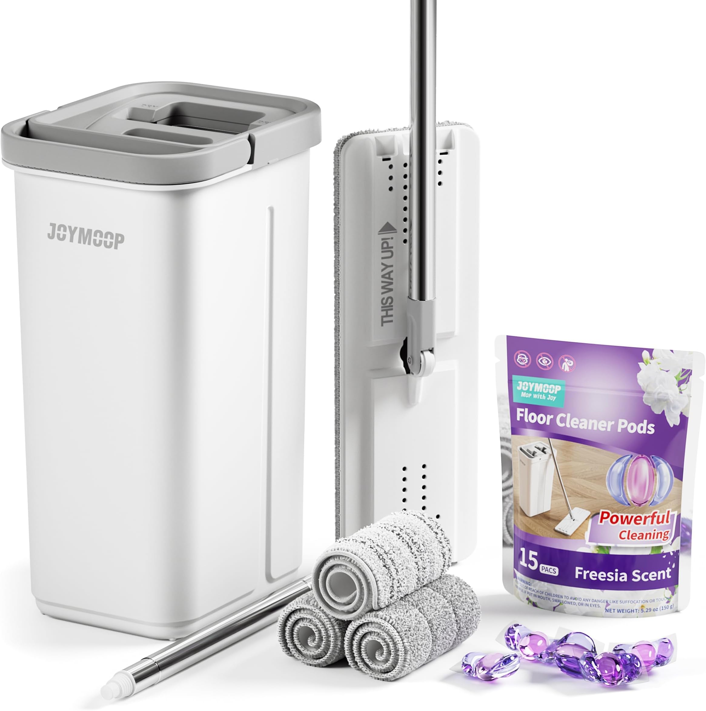 JOYMOOP Mop and Bucket Set with Floor Cleaner Pods,Flat Mop and Bucket System with 3 Reusable Microfiber Mop Pads,Freesia Scent Mop Soap Pack of 15 for Floor Cleaning